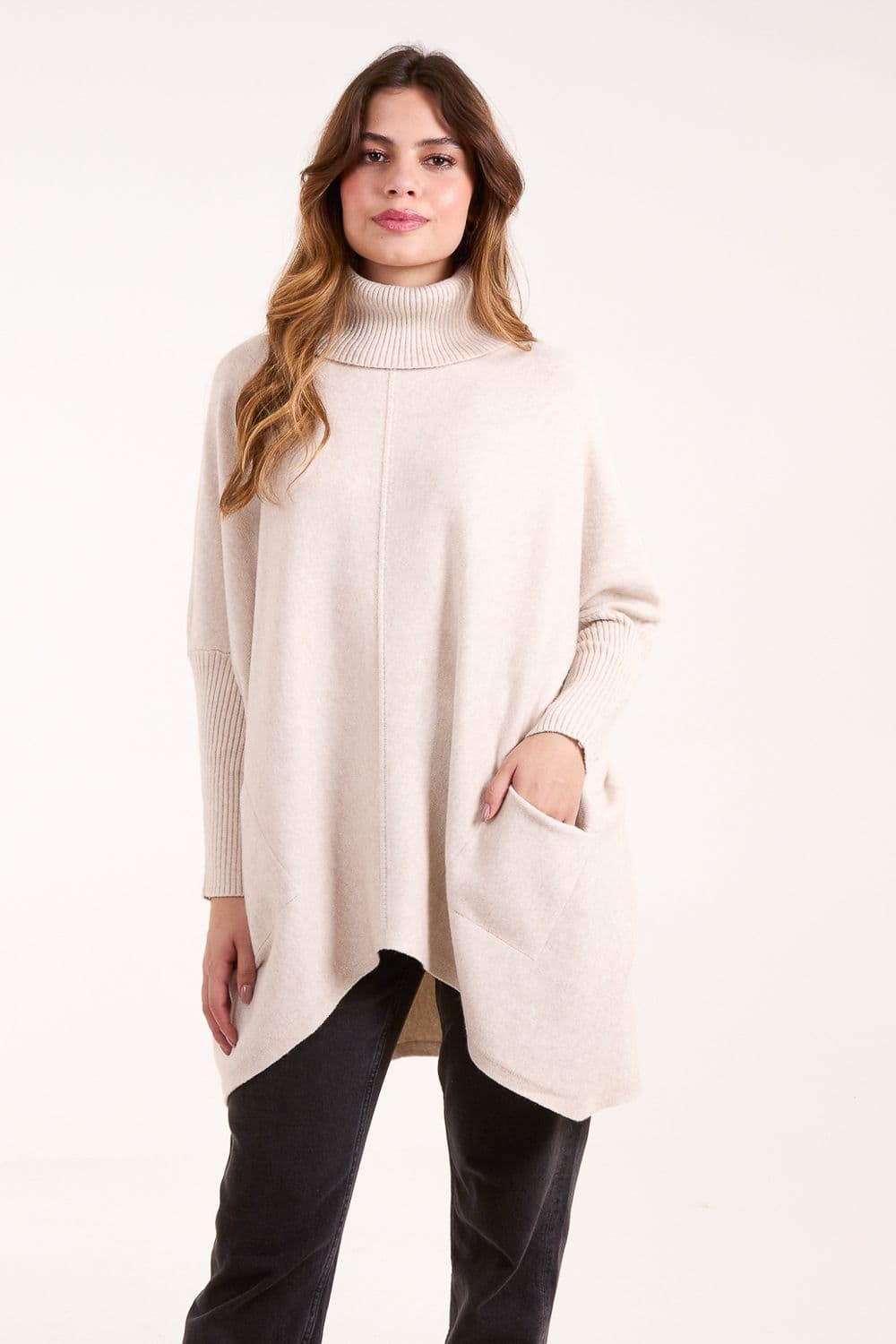 Blue Vanilla Women's Roll Neck Pocket Jumper in Stone