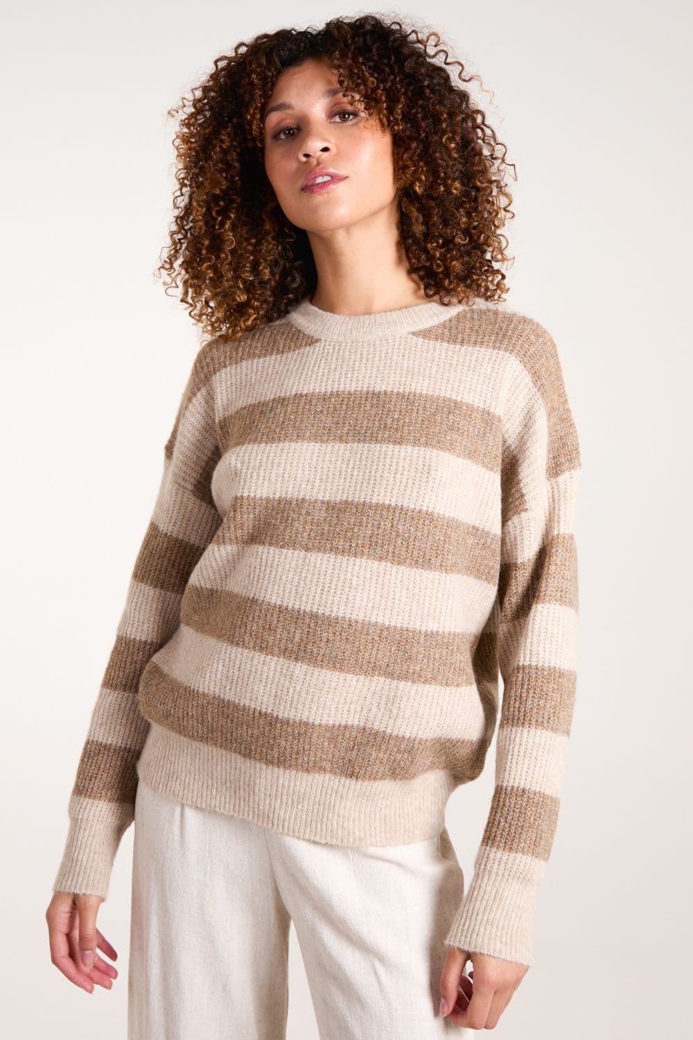 Blue Vanilla Women's Stripe Rib Knit Jumper in Beige