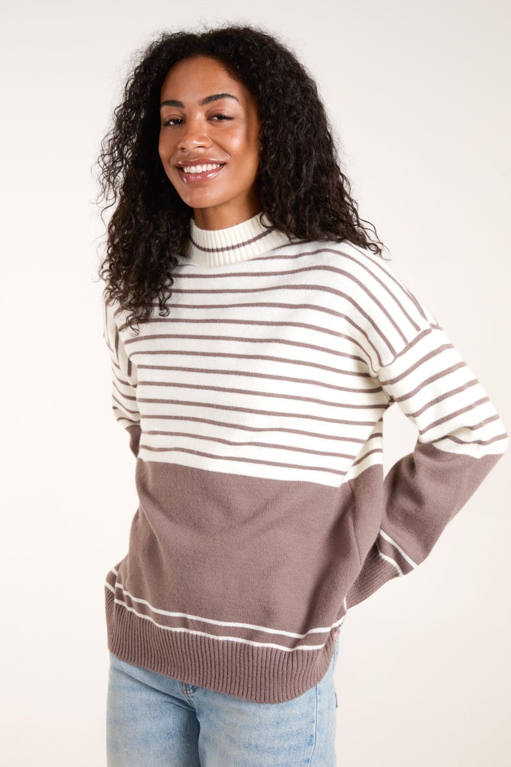 Blue Vanilla Women's Mixed Stripe Round Neck Jumper in Brown