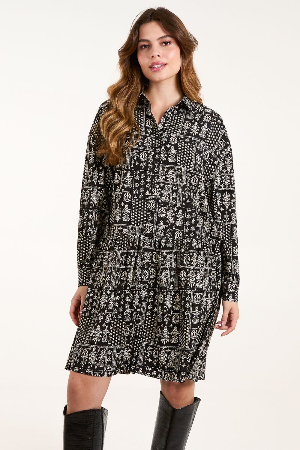 Blue Vanilla Women's Printed Smock Shirt Dress in Black