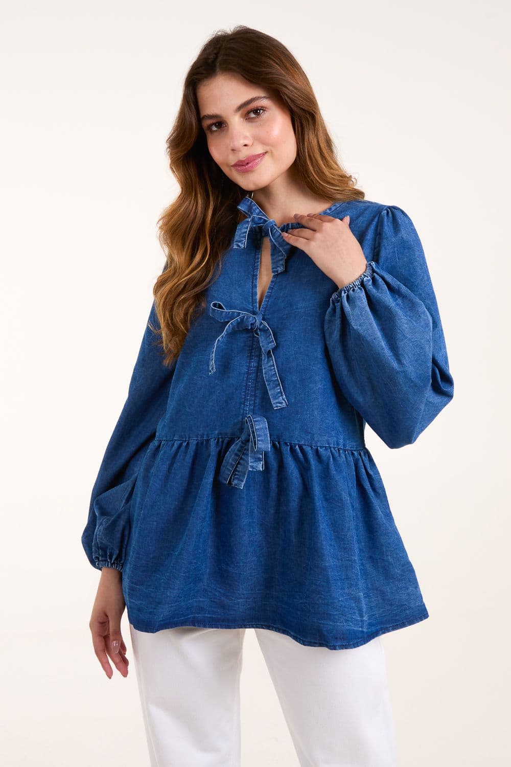 Blue Vanilla Women's Tie Front Chambray Blouse in Blue