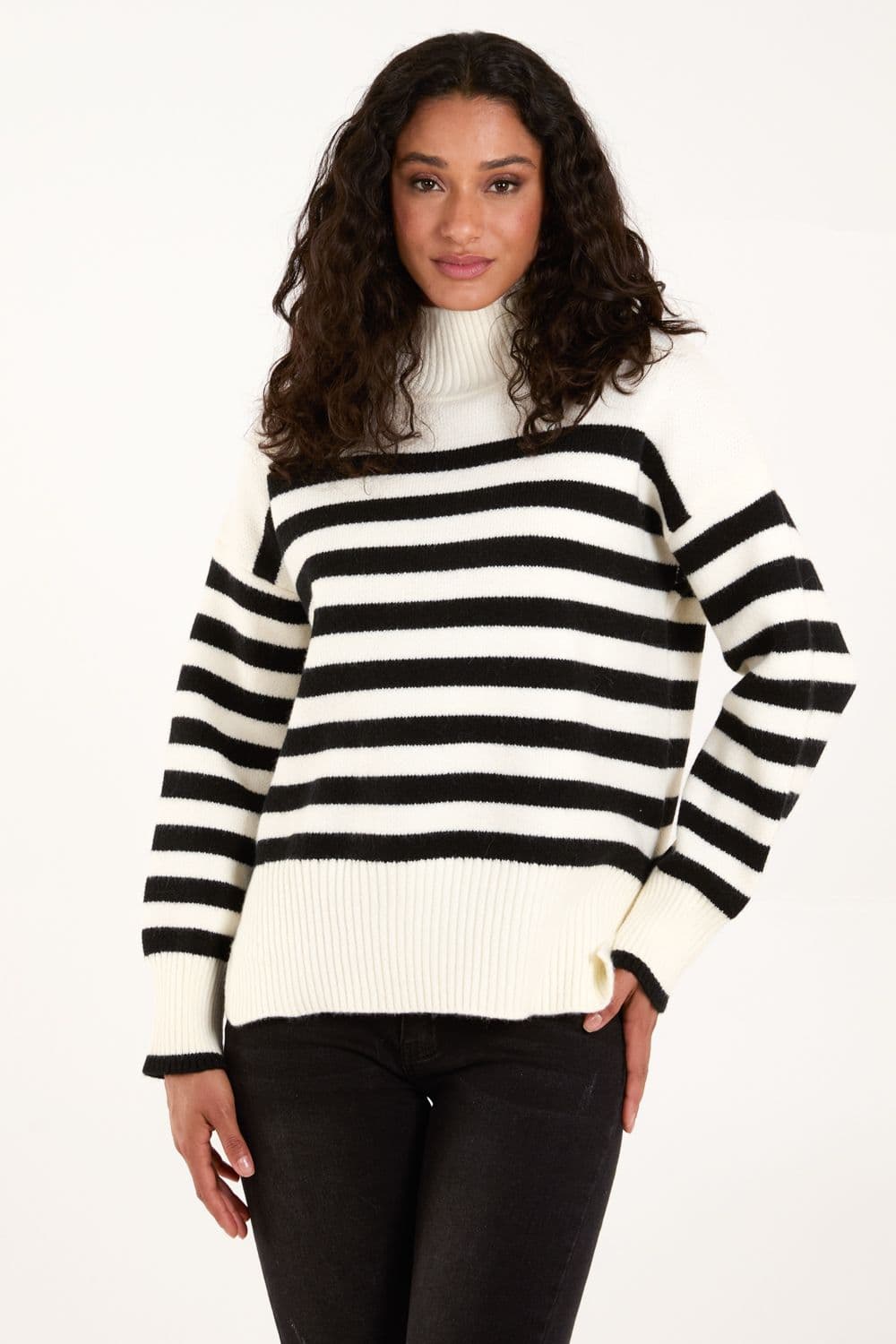Blue Vanilla Women's High Neck Striped Jumper in Ivory