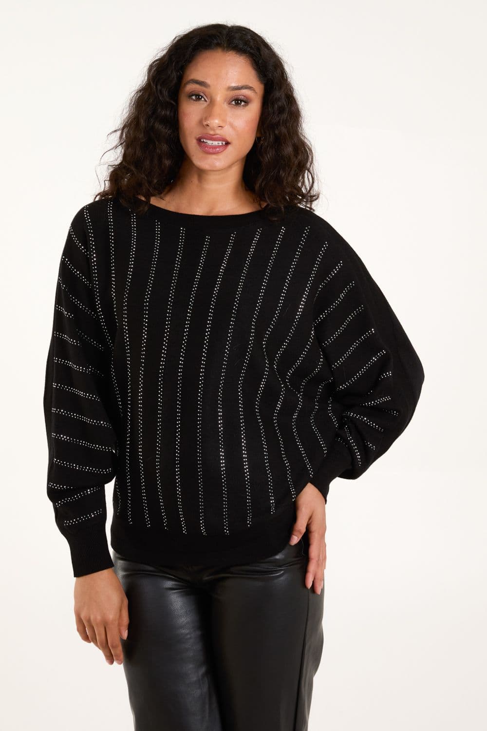 Blue Vanilla Women's Striped Diamante Batwing Jumper in Black