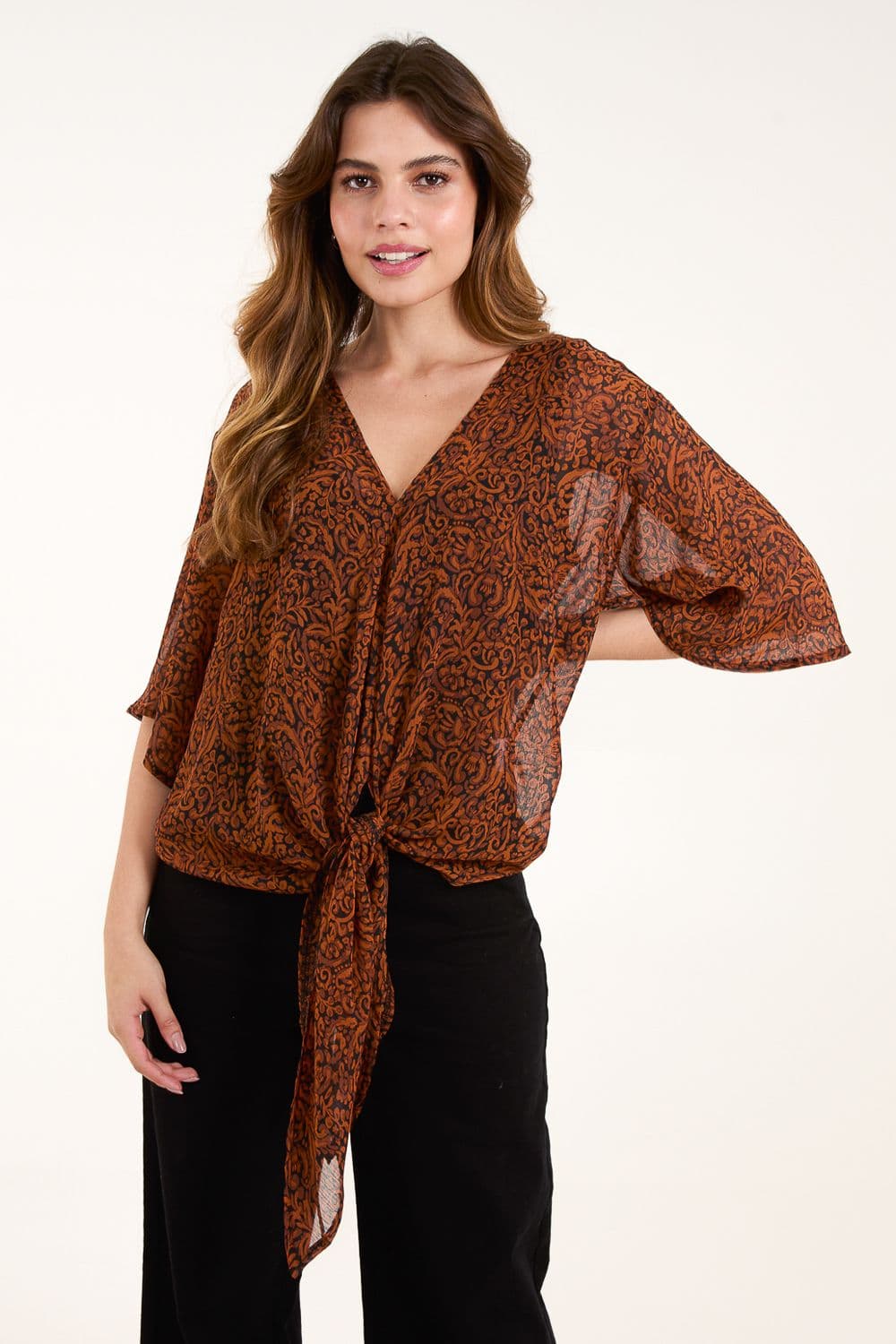 Blue Vanilla Women's Tie Front V Neck Top in Chocolate