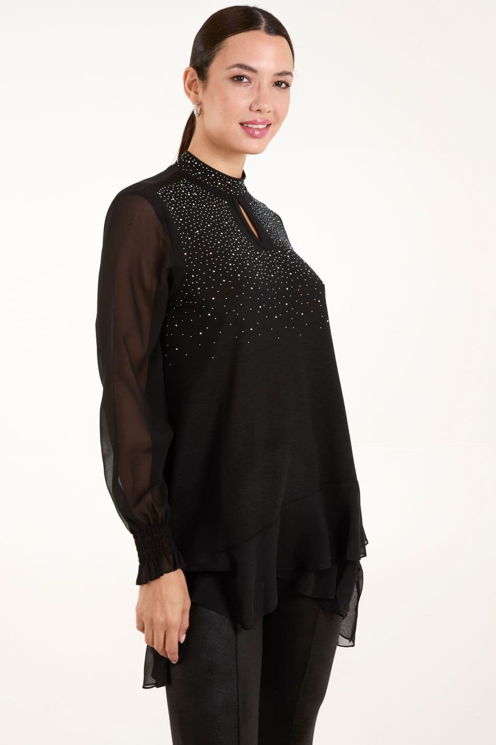 Blue Vanilla Women's Rhinestone High Neck Top in Black
