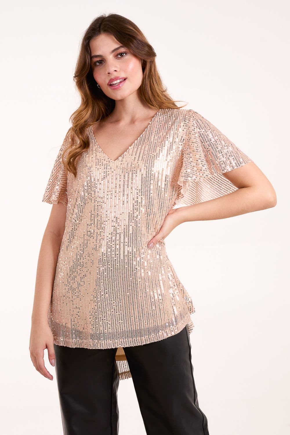 Blue Vanilla Women's Angel Sleeve V Neck Sequin Top in Gold