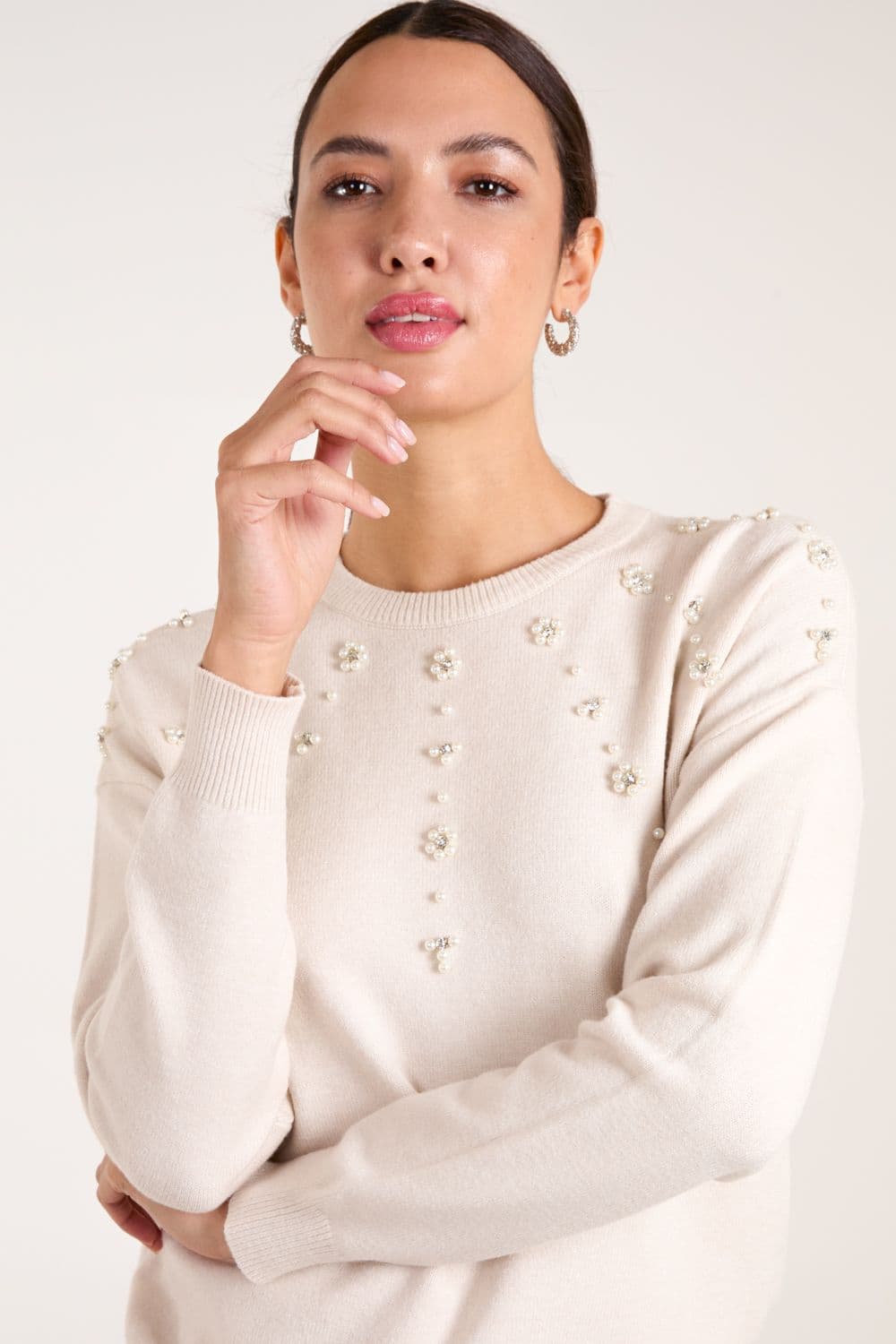Blue Vanilla Women's Pearl Flower Embellishment Jumper in Stone