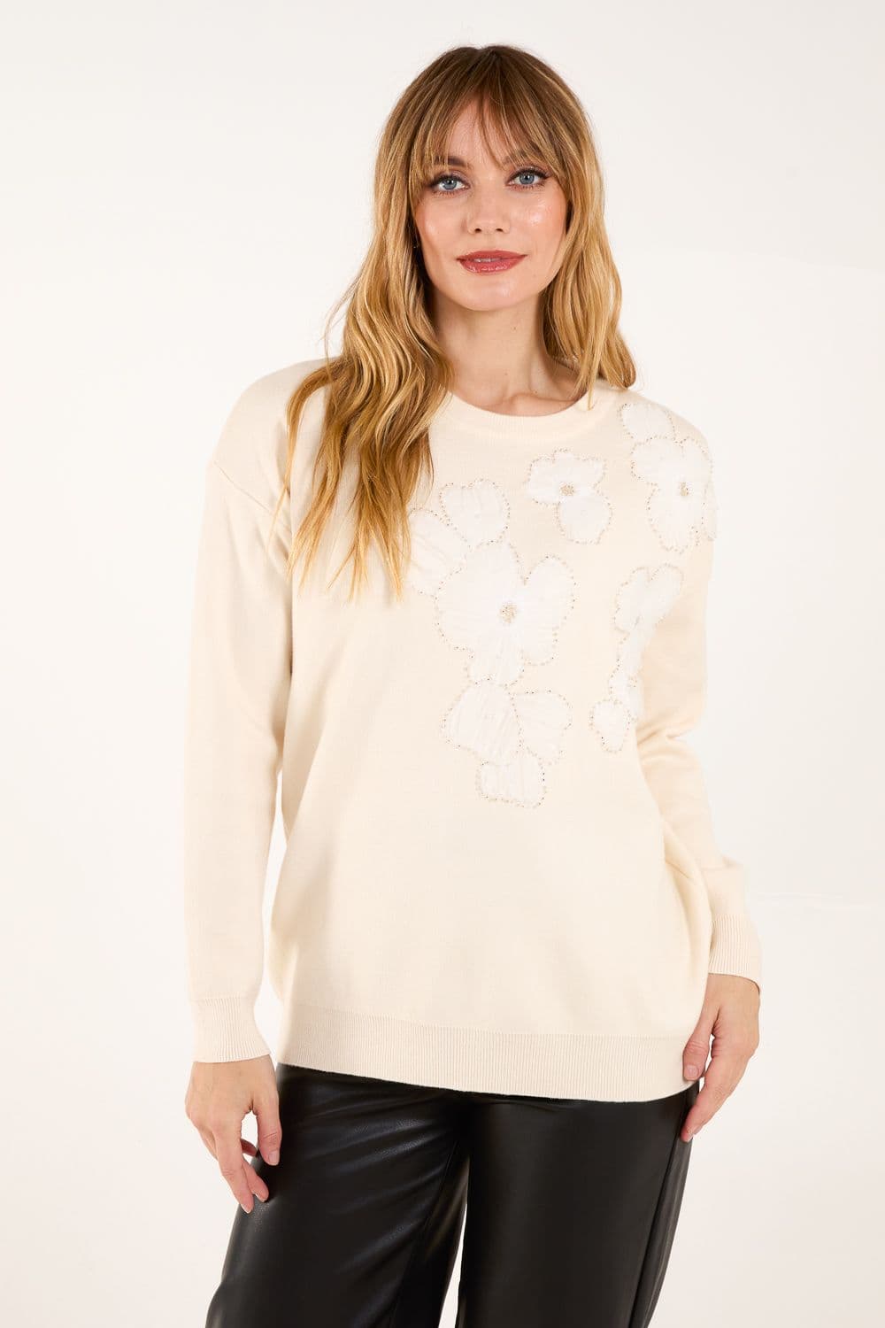 Blue Vanilla Women's Flower Diamante Jumper in Cream