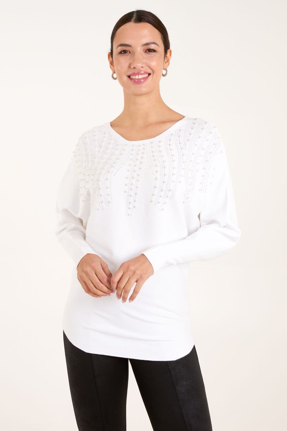 Blue Vanilla Women's Embellished Pearl Knitted Jumper in Ivory