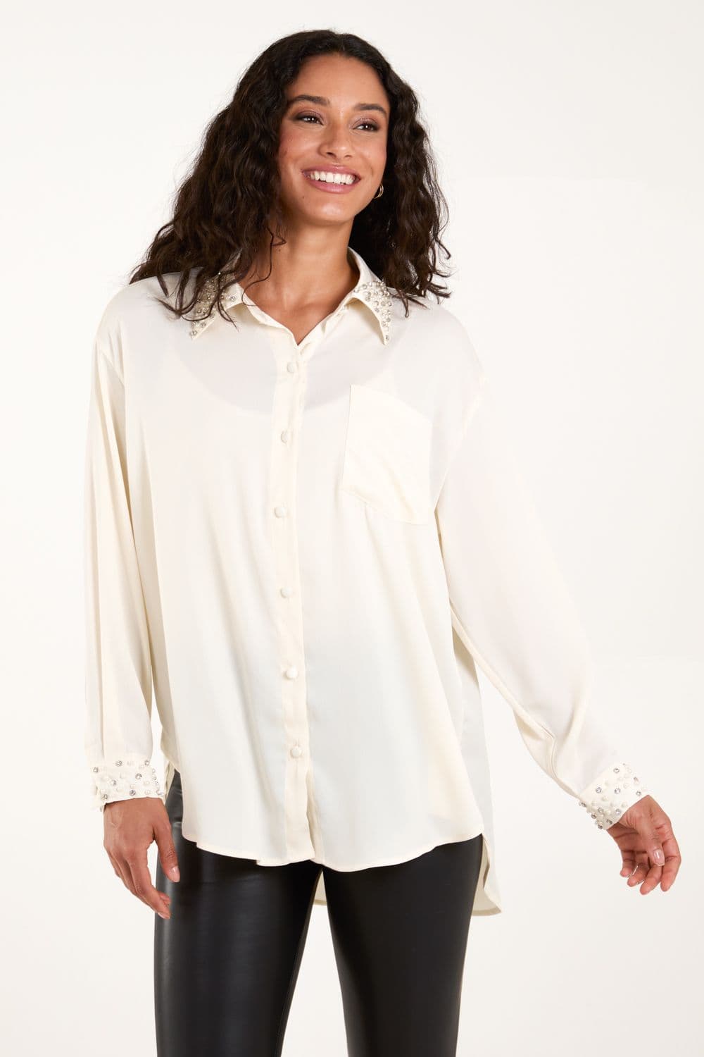Blue Vanilla Women's Embellished Collar & Cuff Satin Shirt in Cream