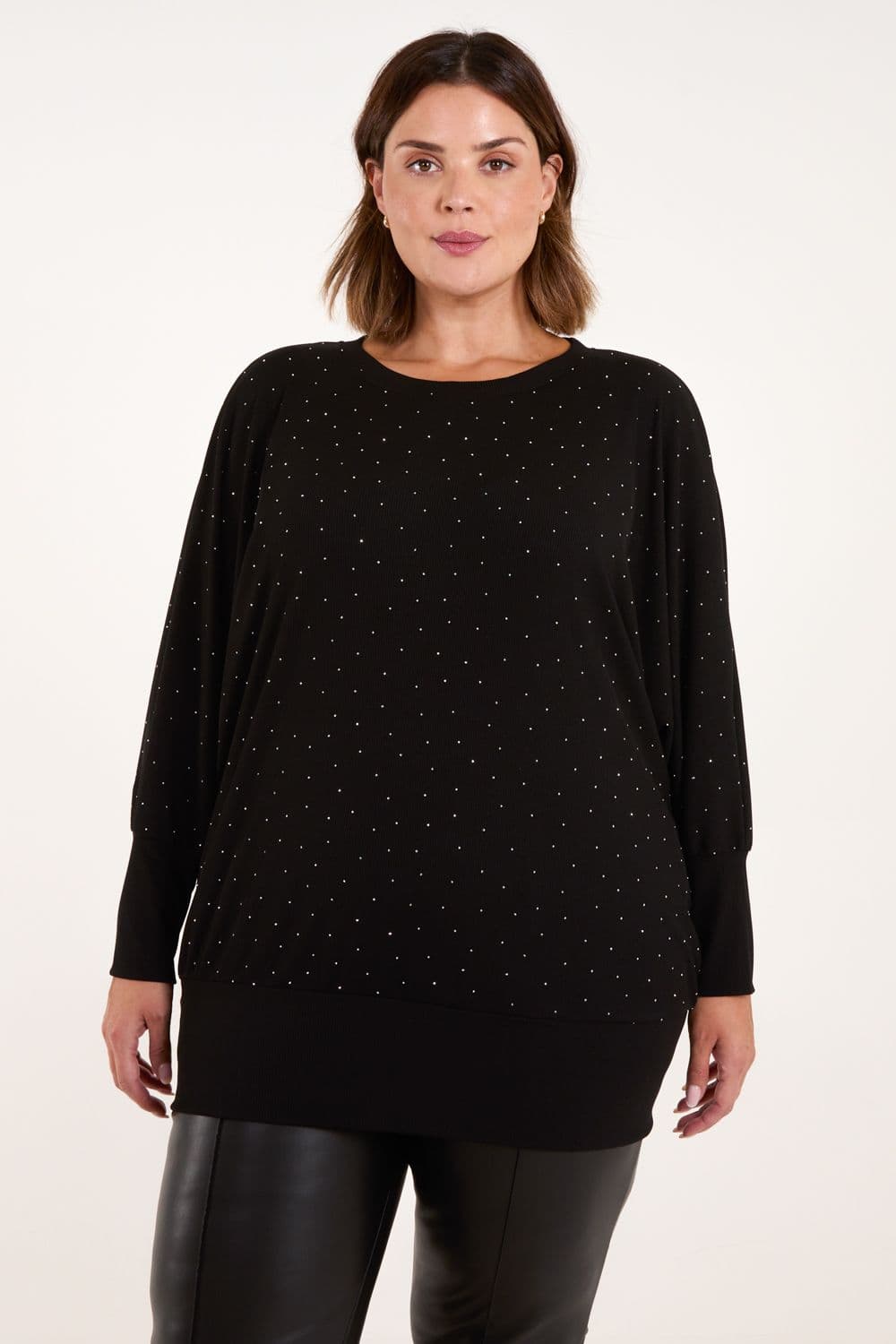 Blue Vanilla Women's Curve Diamante Batwing Top in Black