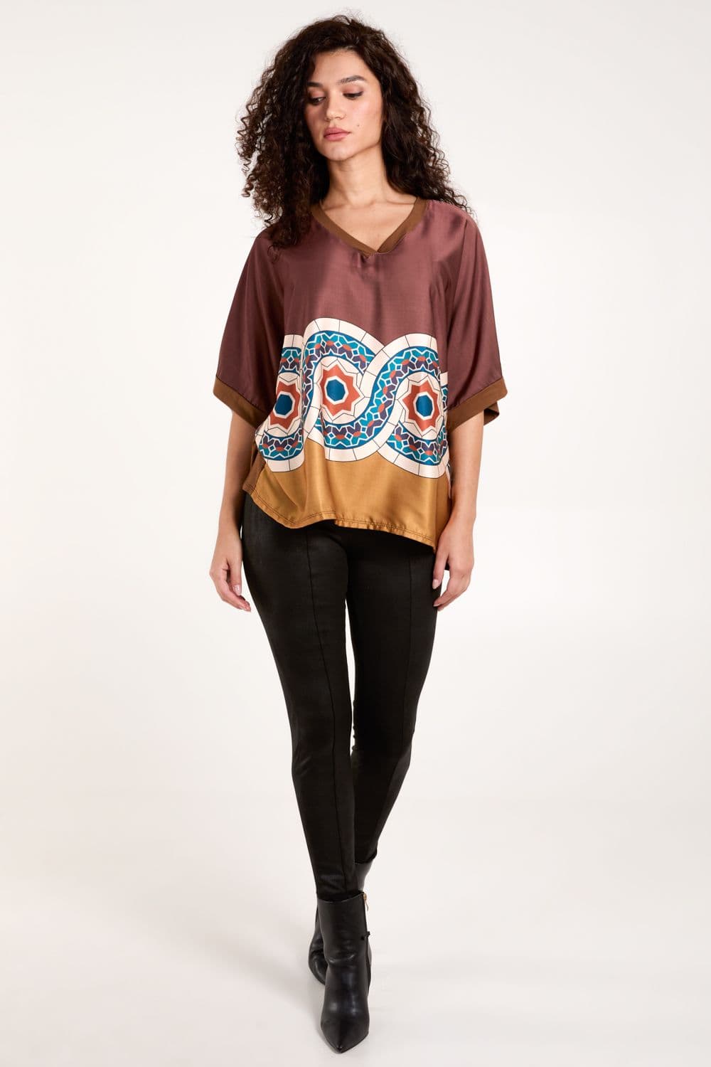 Blue Vanilla Women's Satin Viscose Back Print Top in Chocolate