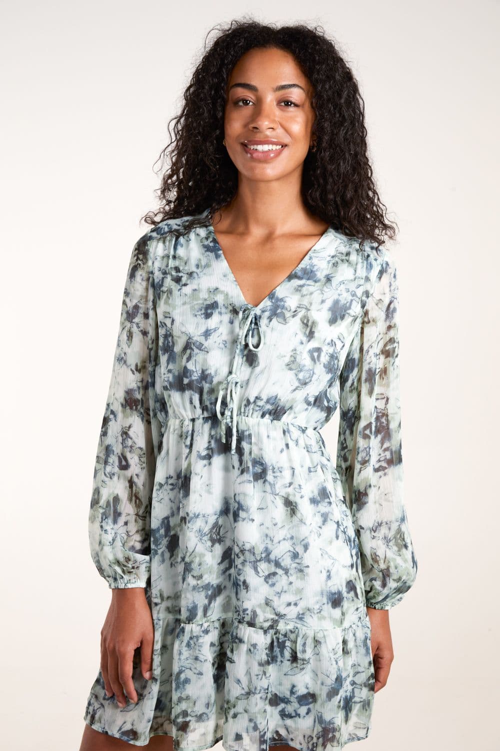 Blue Vanilla Women's Tie Front Watercolour Mini Dress in Blue