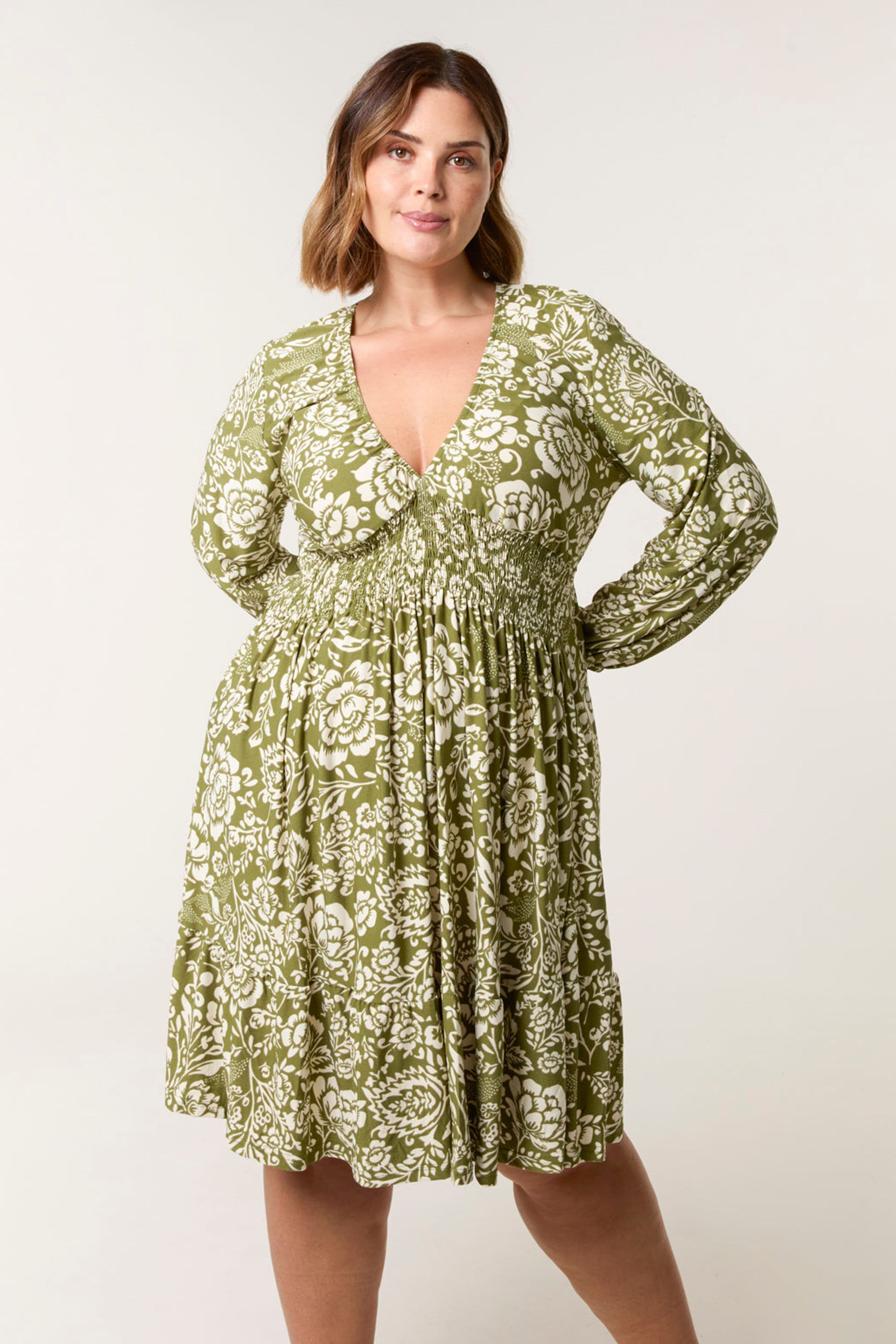 Blue Vanilla Women's Khaki Long Sleeve Slip On V-neck Mini Dress
