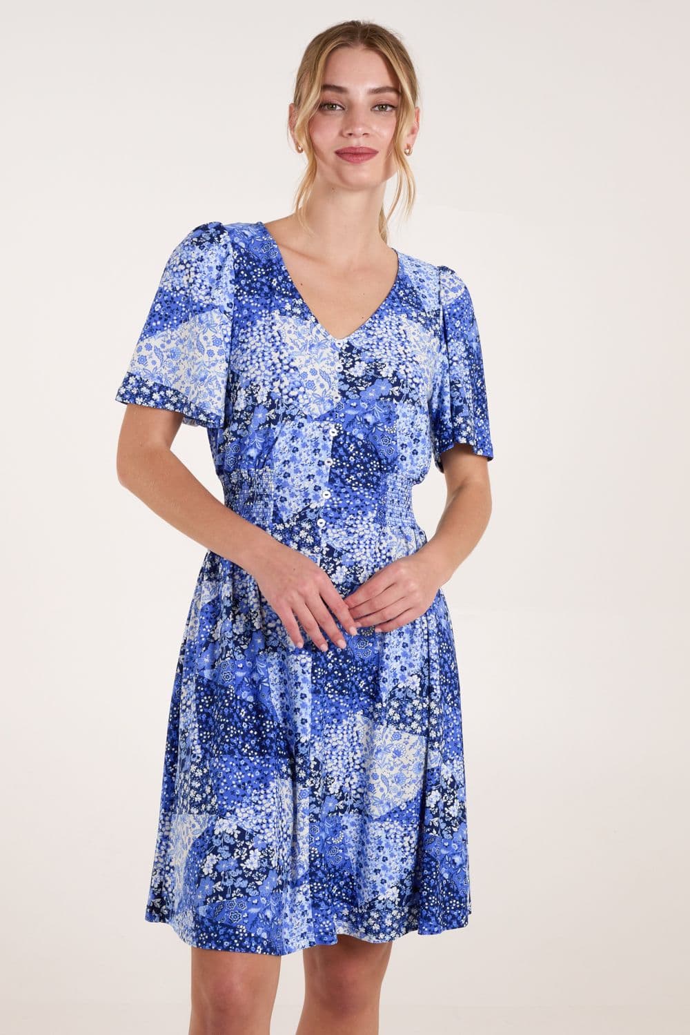 Blue Vanilla Women's Shirred Waist Button Mini Dress in Blue