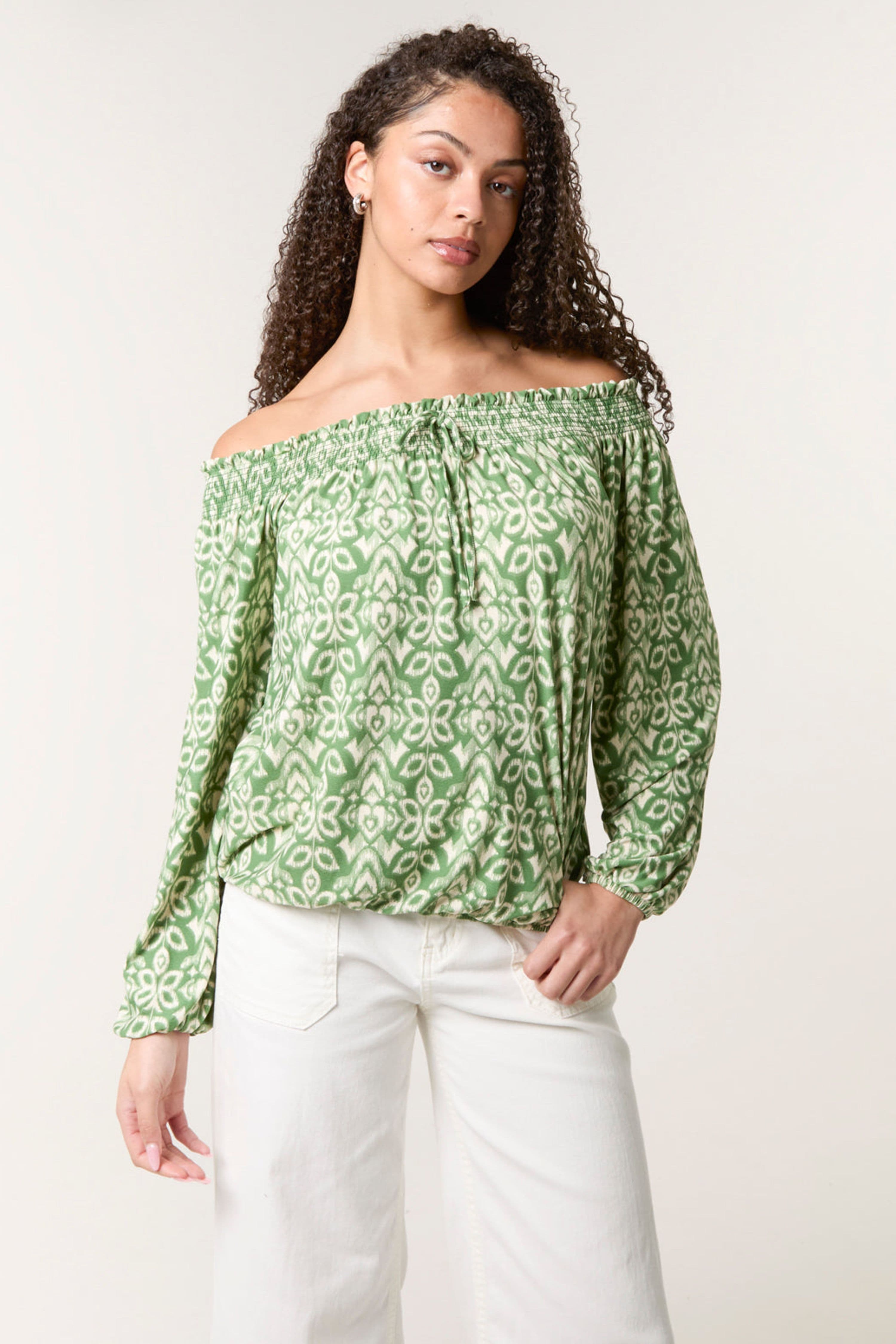 Blue Vanilla Women's Khaki Long Sleeve Slip On Off-The Shoulder Top