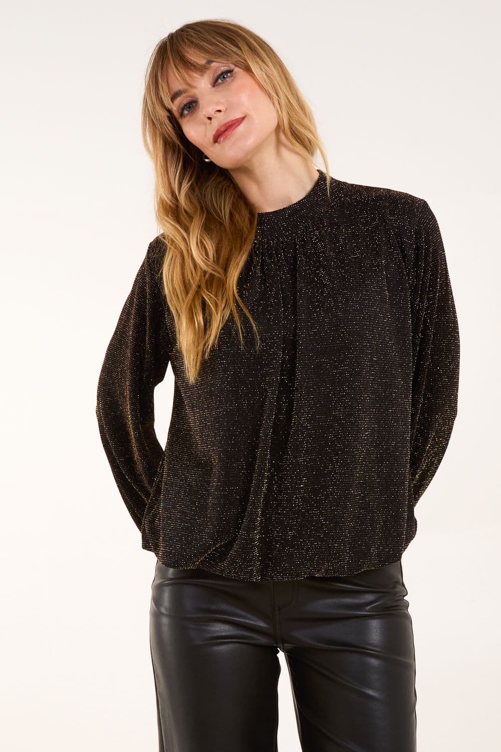 Blue Vanilla Women's Metallic High Neck Puffball Top in Gold