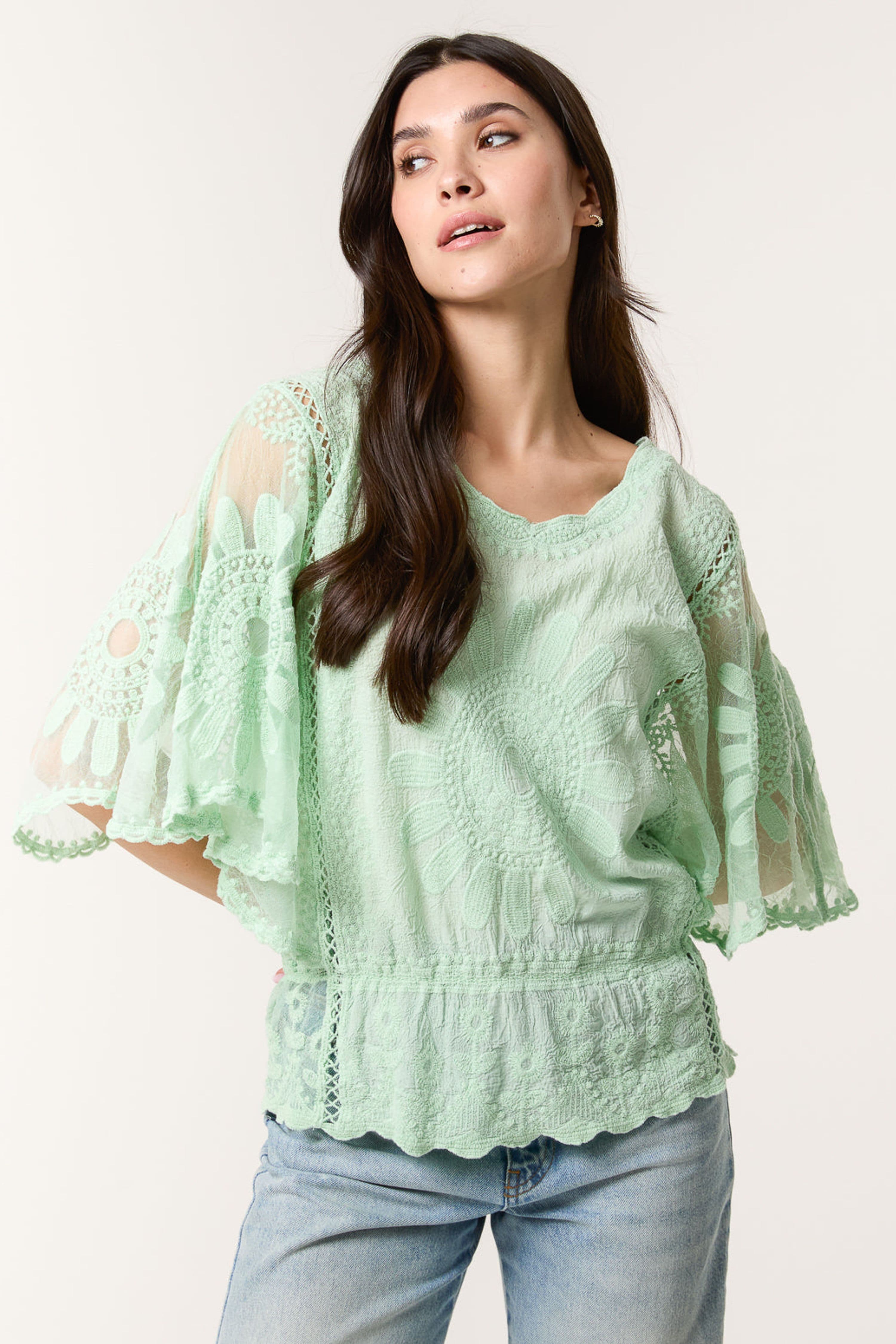 Blue Vanilla Women's Pale Green Sun Flower Lace Sleeve Blouse