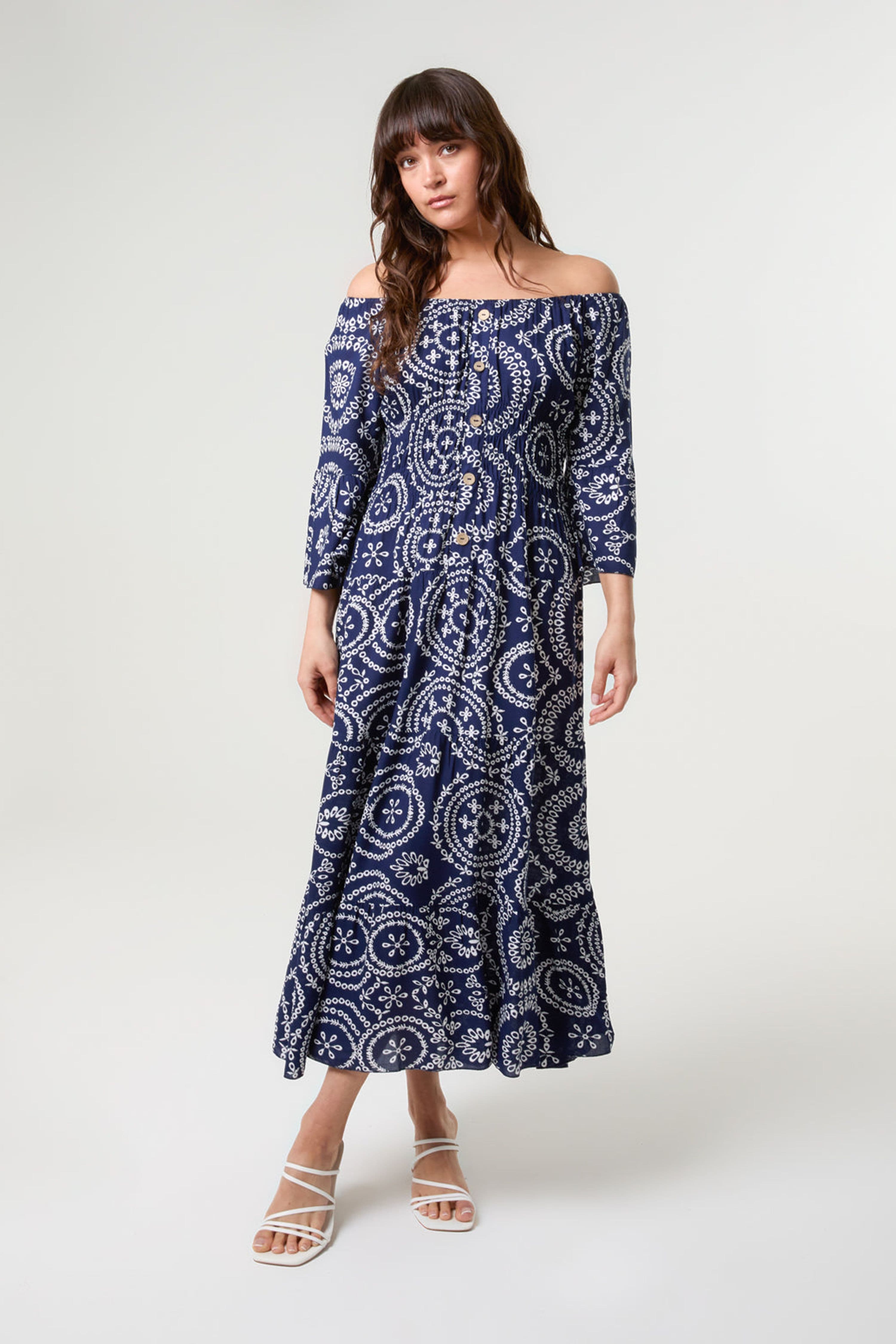 Blue Vanilla Women's Shirred Waist Navy Three Quarter Sleeve Slip On Bardot Maxi Dress