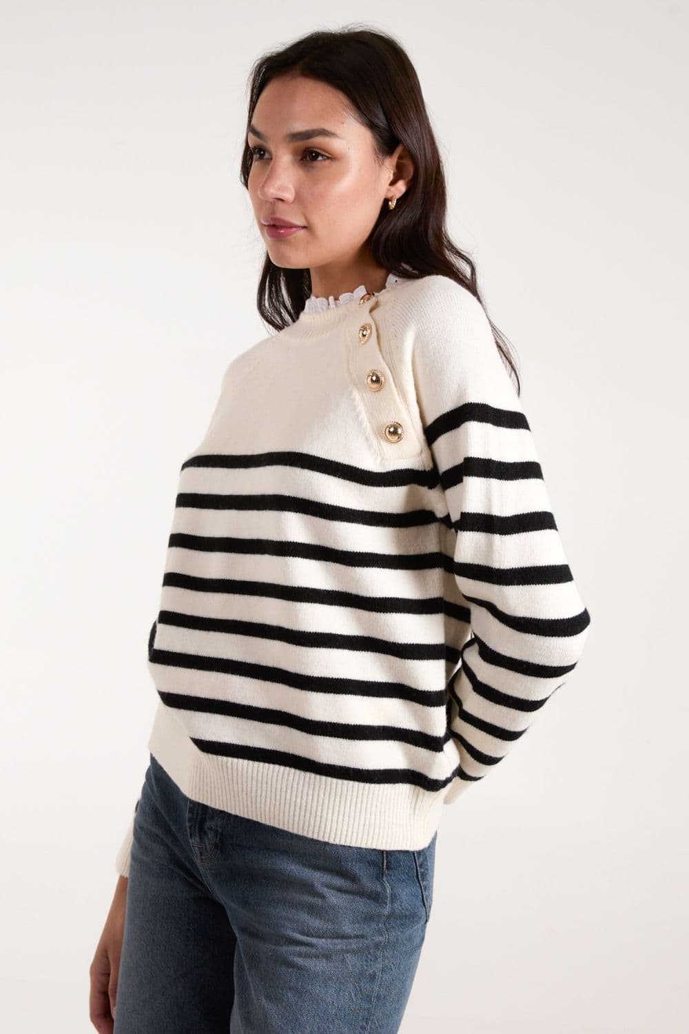 Blue Vanilla Women's Horizontal Stripes Button Details Jumper in Stone