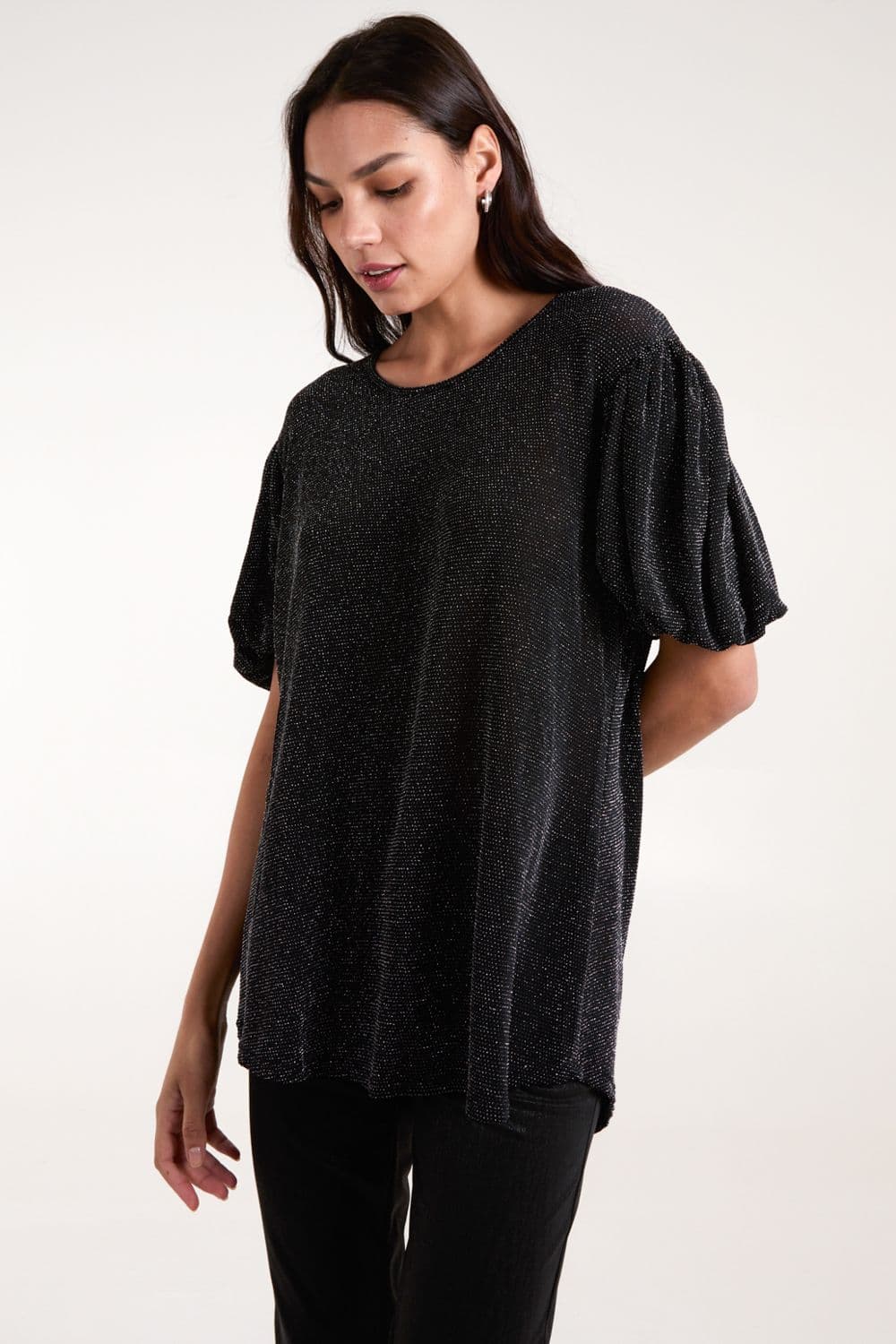 Blue Vanilla Women's Bubble Sleeve Metallic High Low Top in Black