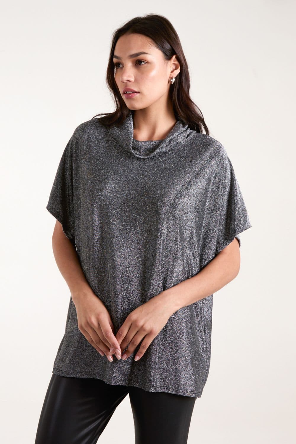 Blue Vanilla Women's Roll Neck Oversized Metallic Top in Metallic Silver