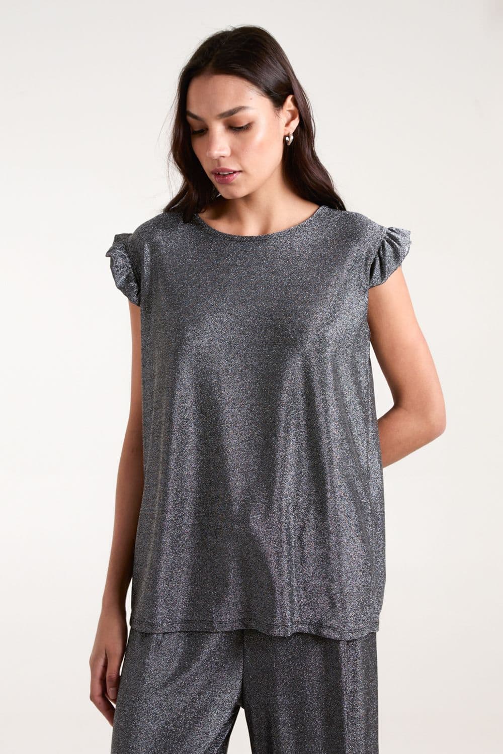 Blue Vanilla Women's Frill Sleeve Metallic Top in Metallic Silver