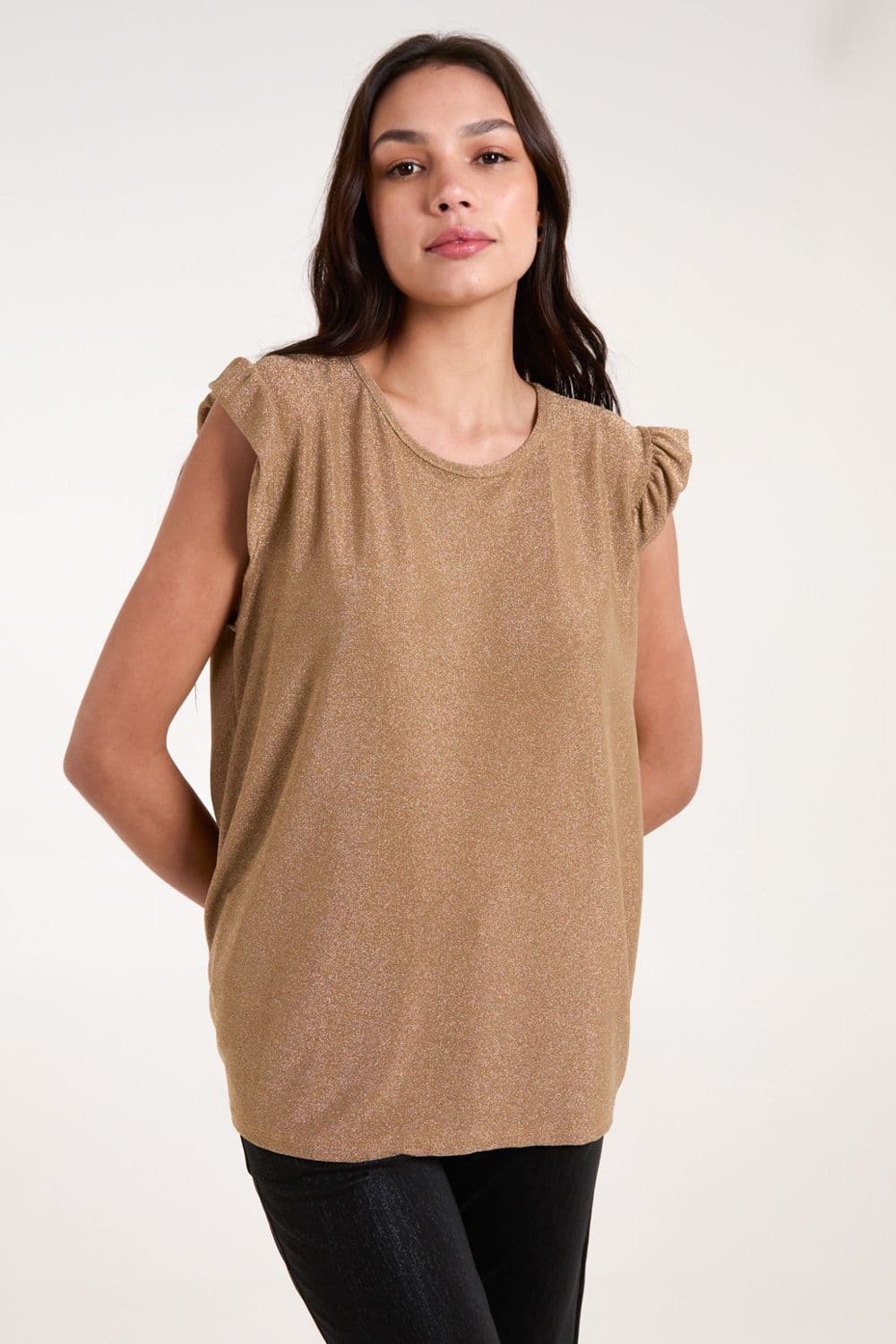 Blue Vanilla Women's Frill Sleeve Metallic Top in Gold