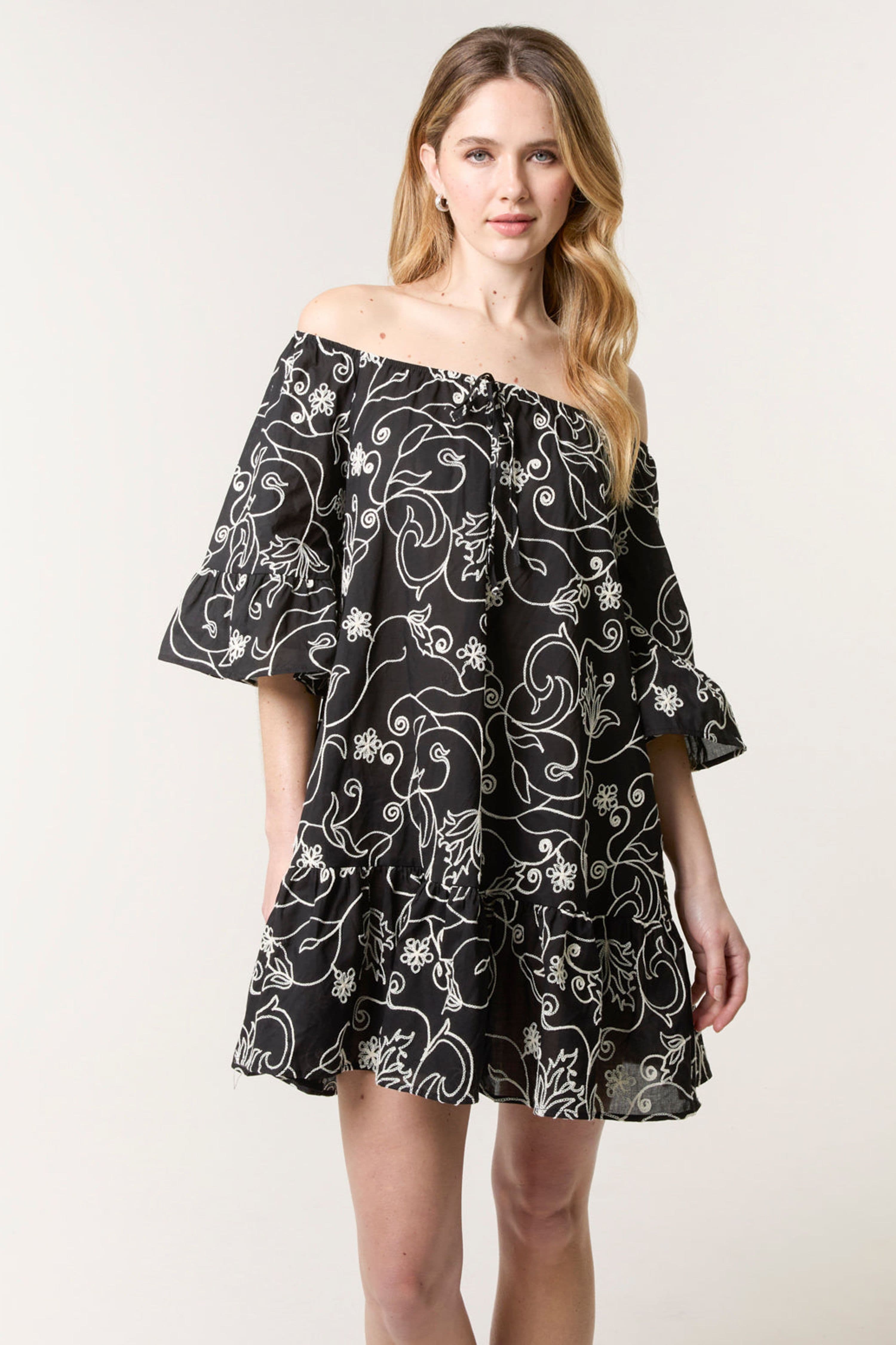 Blue Vanilla Women's Black Short Sleeve Slip On Bardot Mini Dress