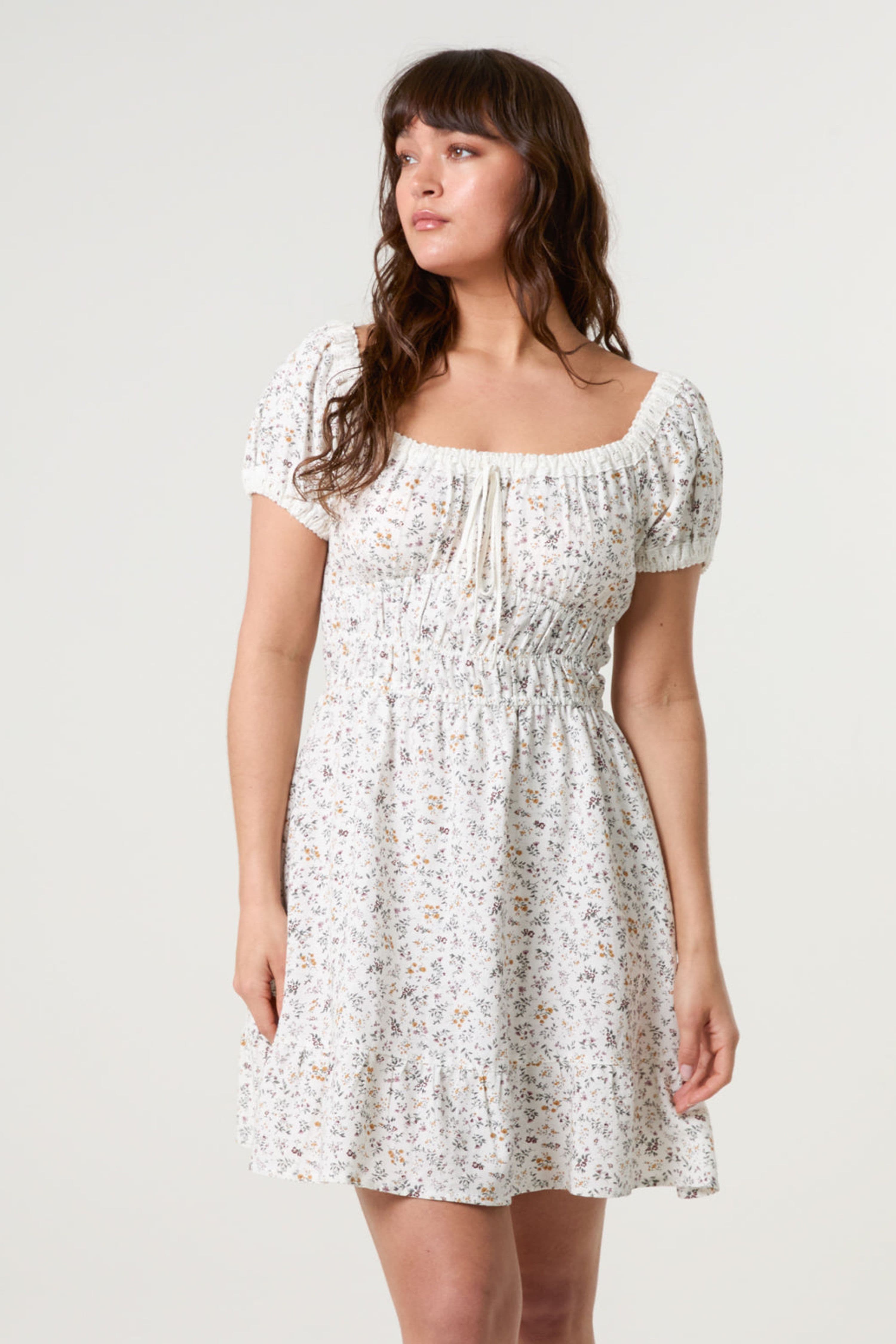 Blue Vanilla Women's Shirred Waist Multi Short Sleeve Slip On Bardot Mini Dress