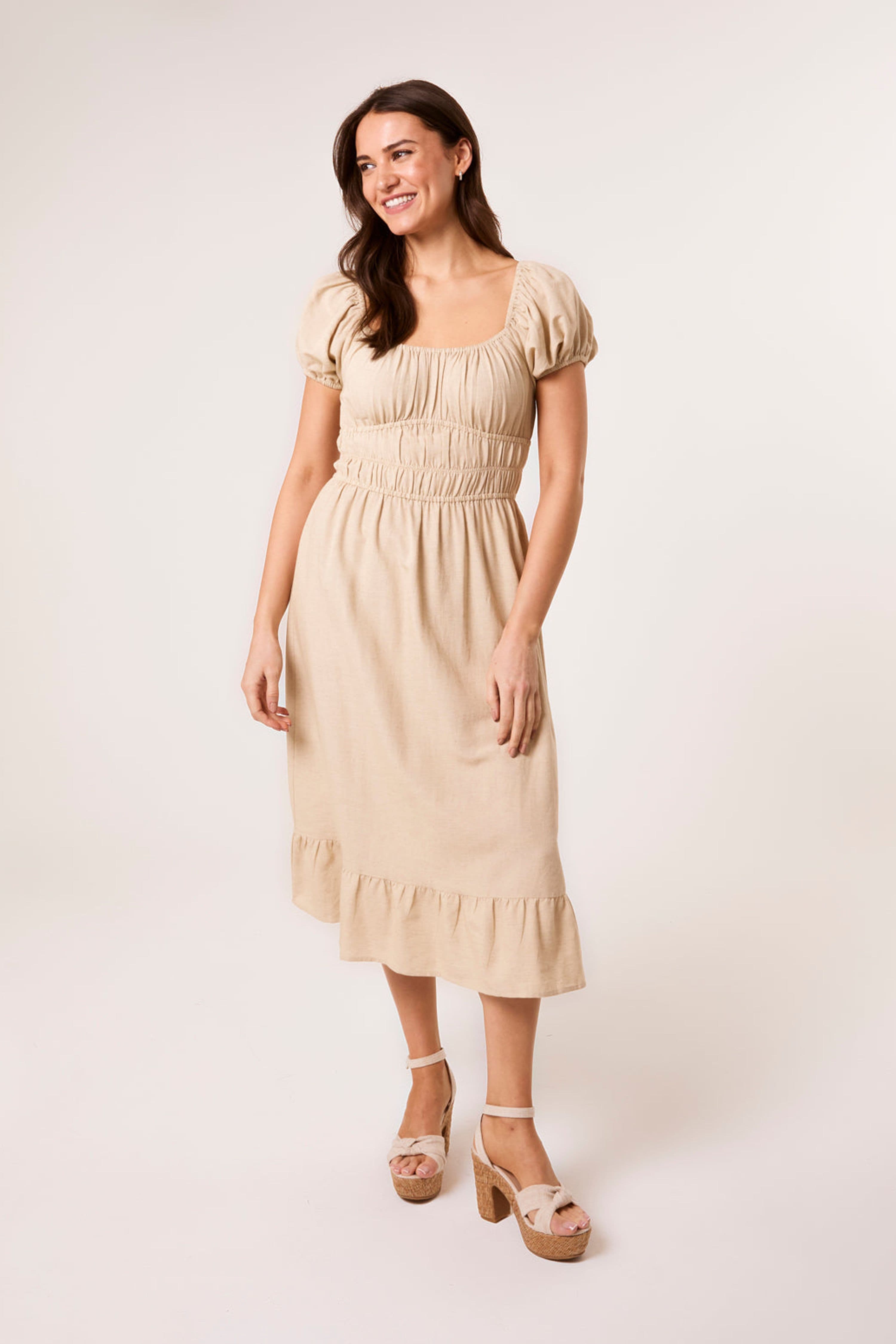 Blue Vanilla Women's Shirred Waist Stone Short Sleeve Slip On Square Midi Dress