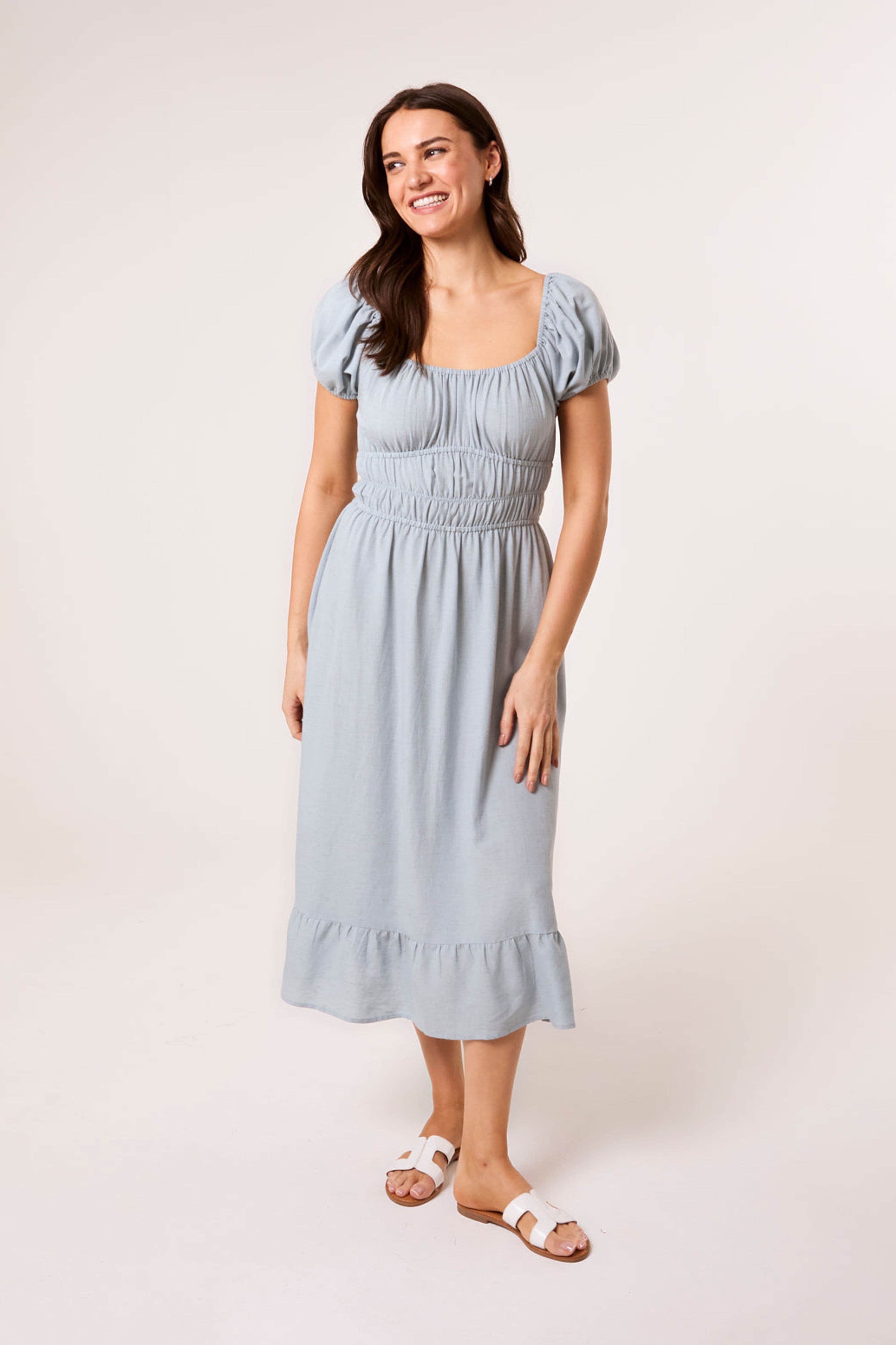 Blue Vanilla Women's Shirred Waist Blue Short Sleeve Slip On Square Midi Dress