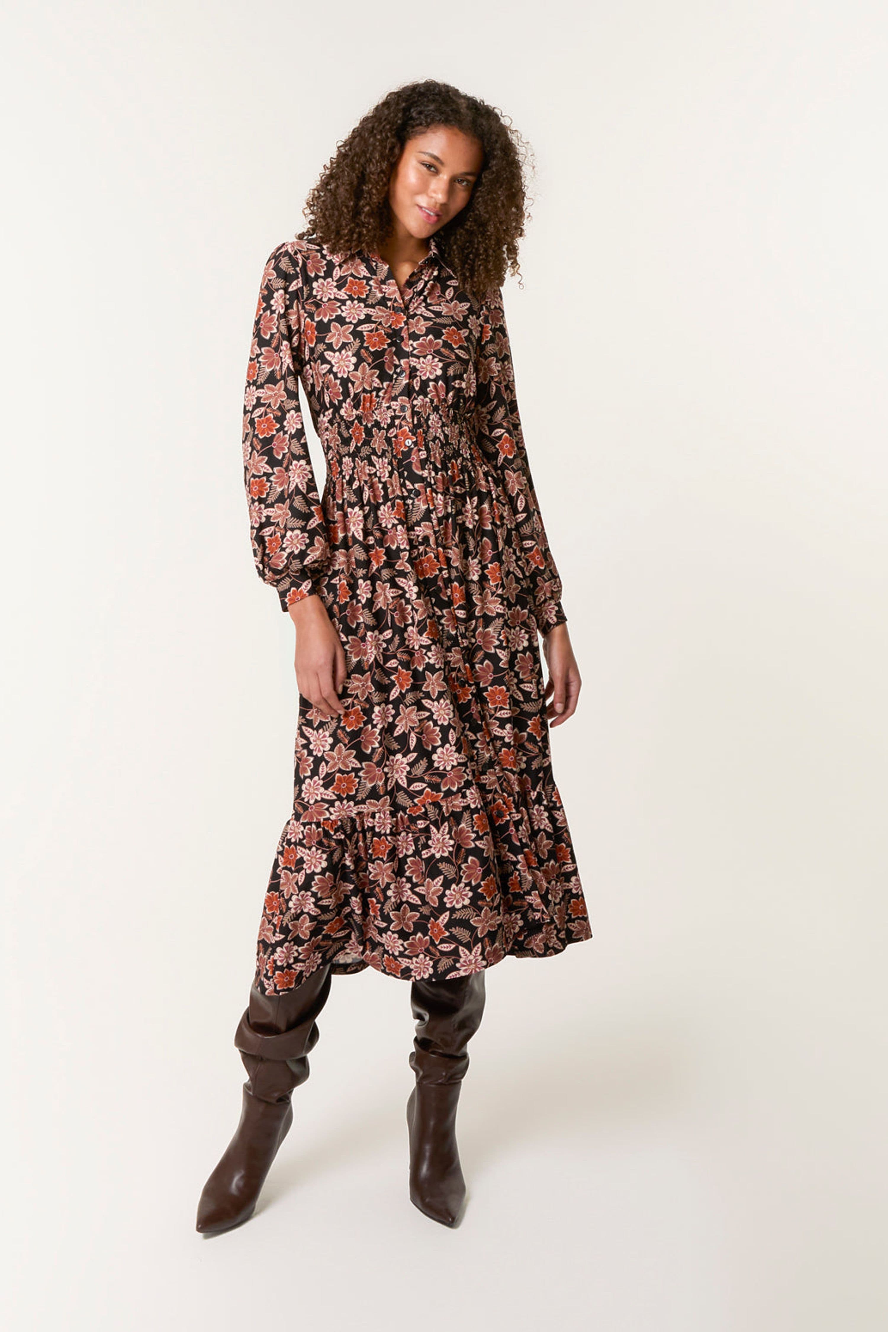 Blue Vanilla Women's Shirred Waist Black Long Sleeve Button Up Collar Midi Dress