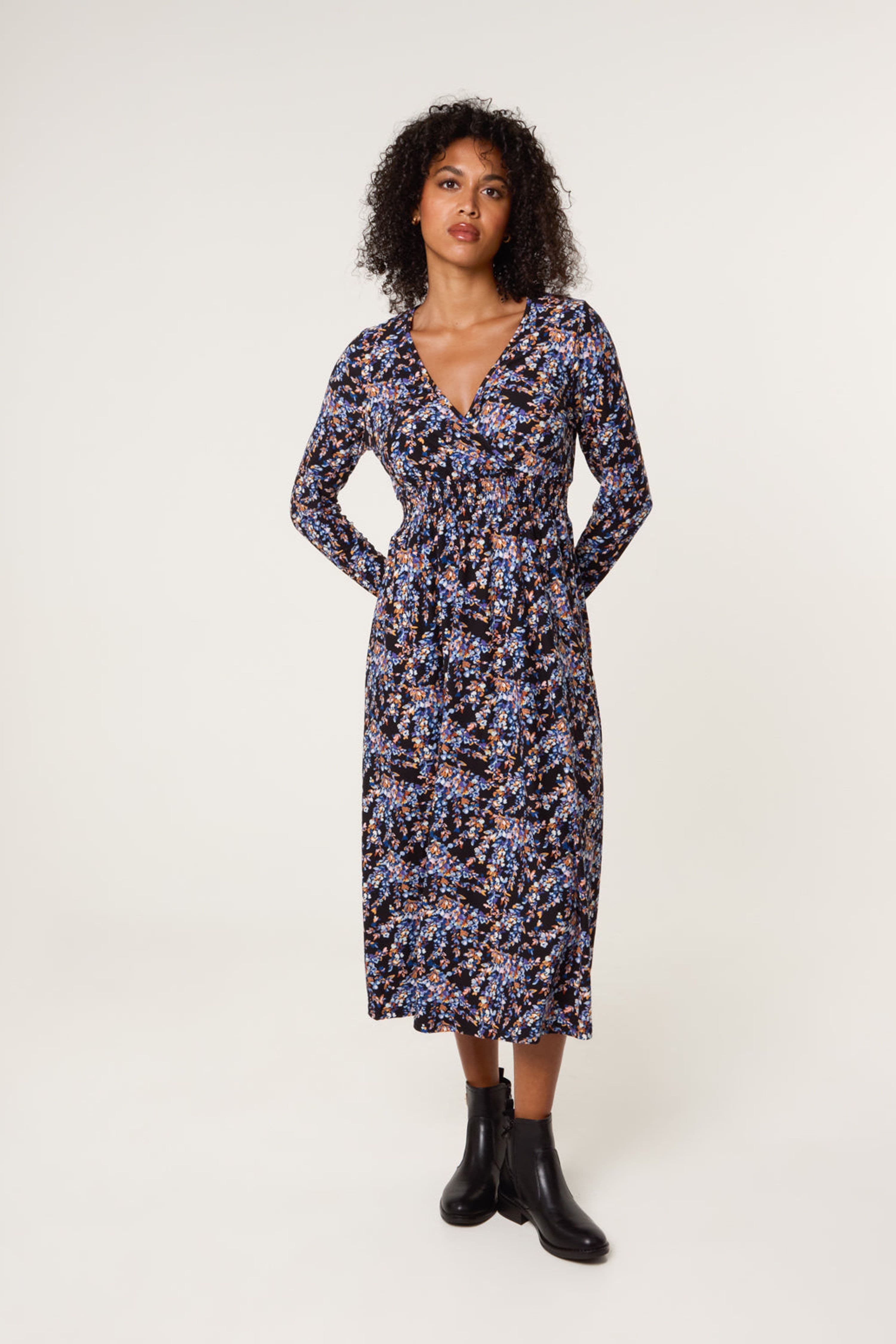 Blue Vanilla Women's Black Long Sleeve Slip On V-neck Midi Dress