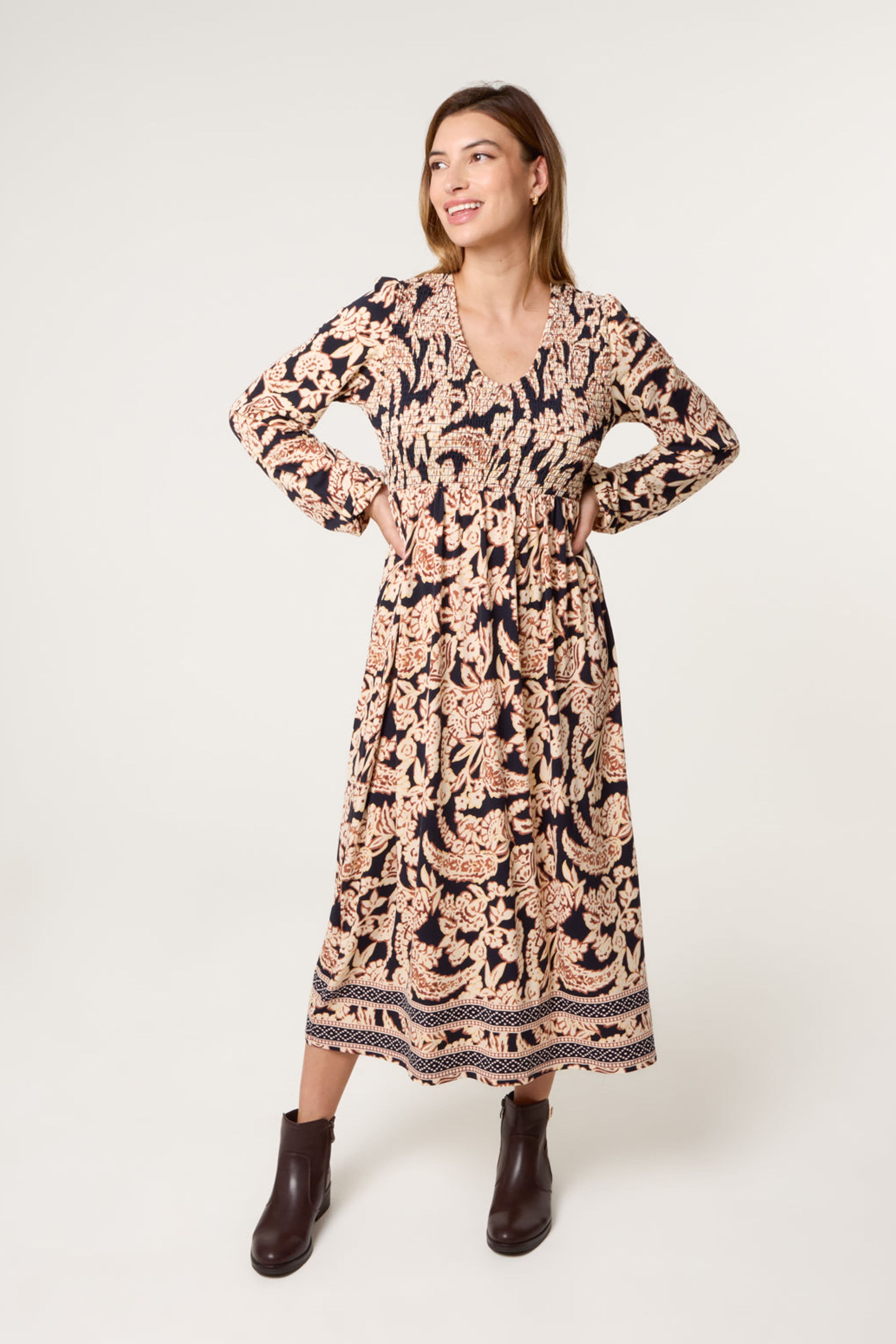 Blue Vanilla Women's Shirred Waist Navy Long Sleeve Slip On V-neck Midi Dress