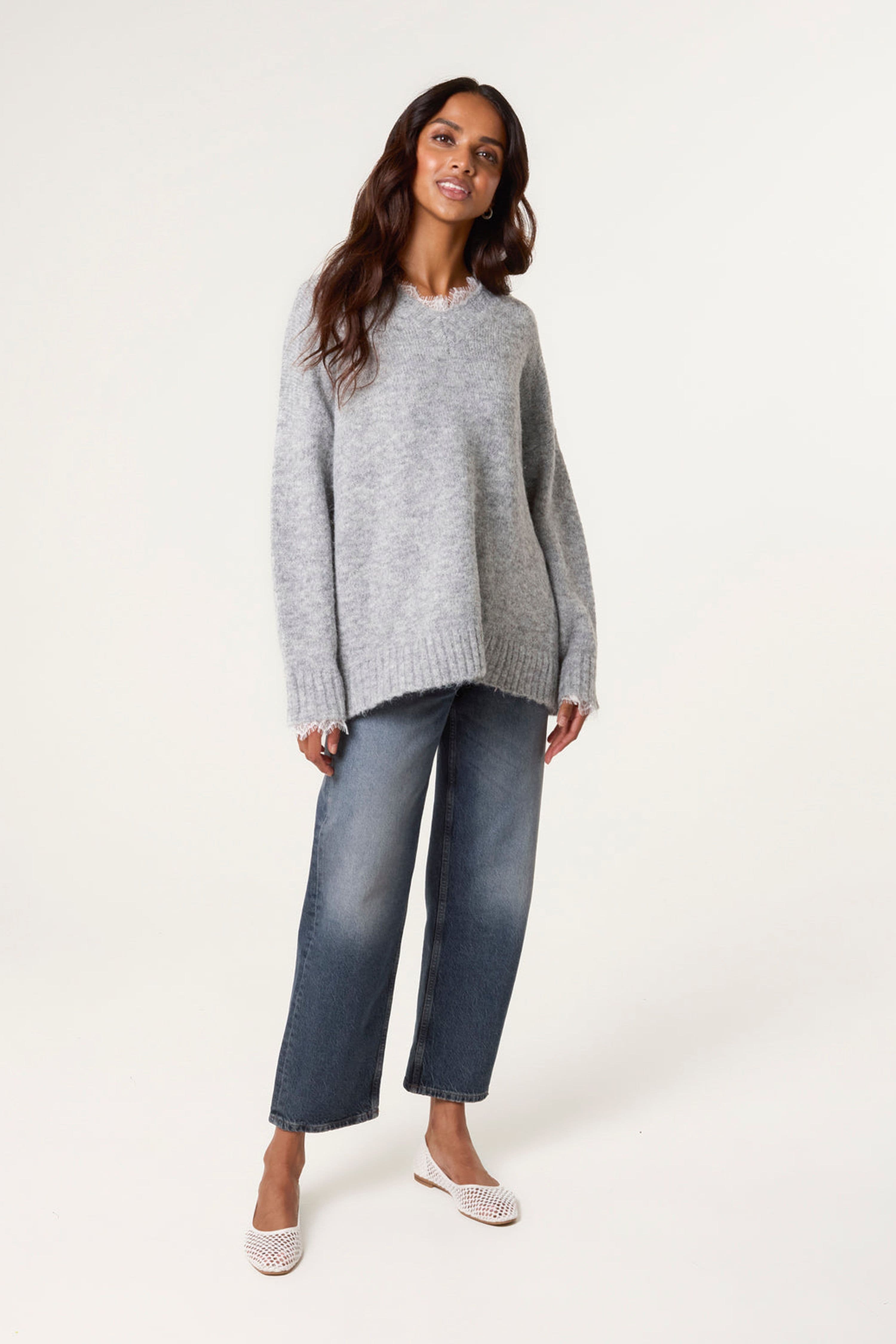 Blue Vanilla Women's Grey Long Sleeve Slip On V-neck Jumper