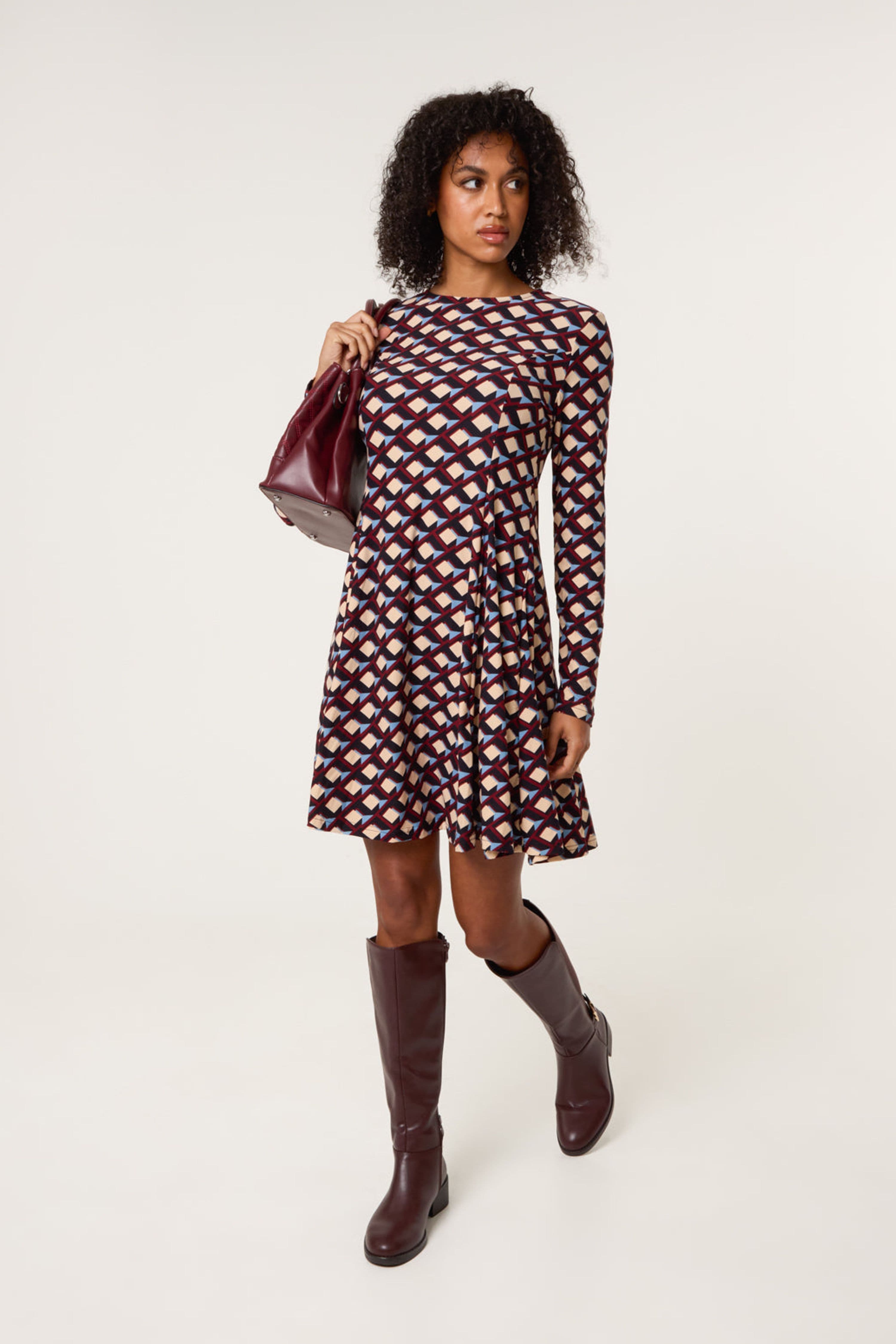 Blue Vanilla Women's Multi Three Quarter Sleeve Slip On Round Neck Mini Dress