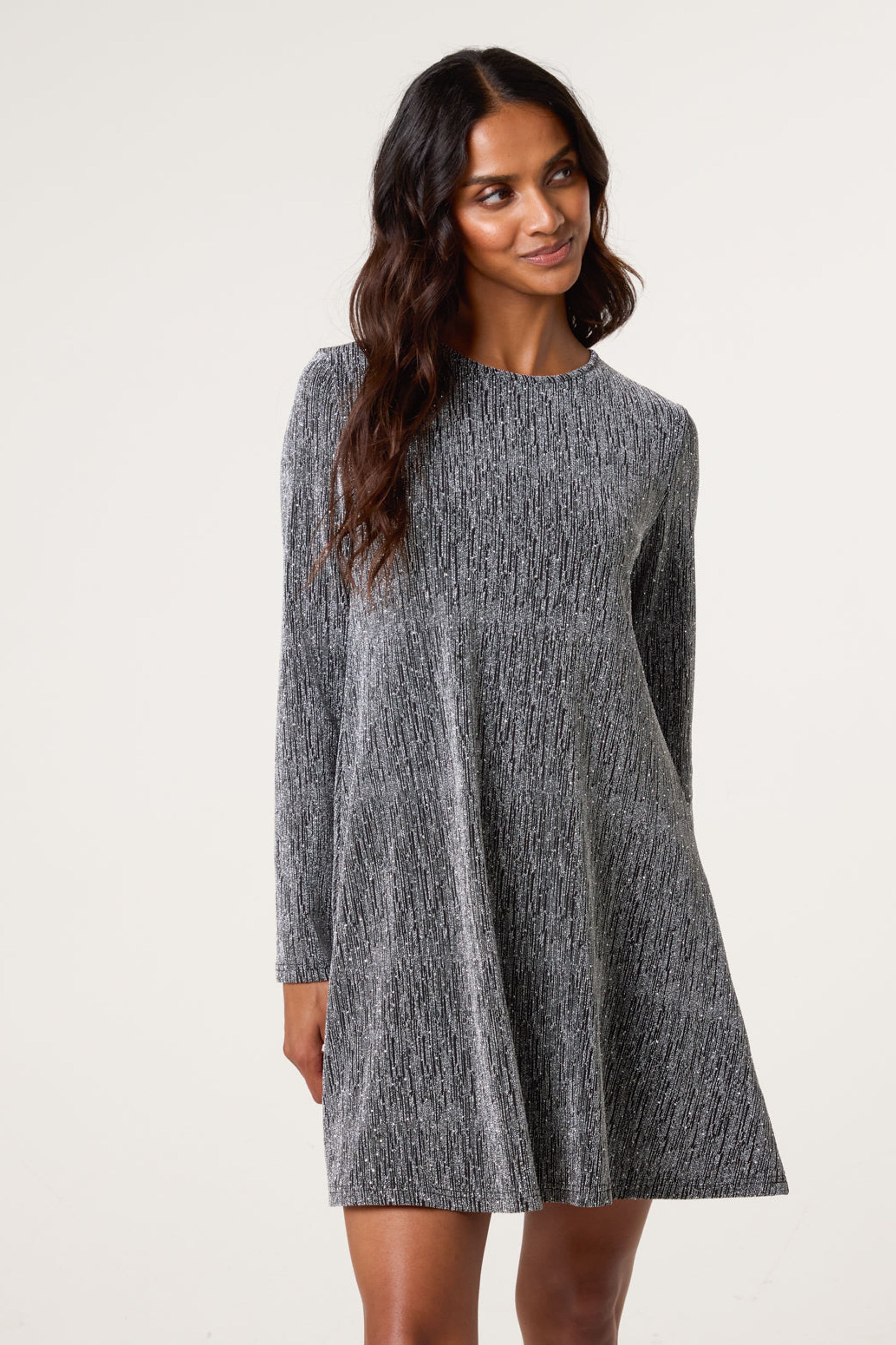 Blue Vanilla Women's Silver Long Sleeve Slip On Round Neck Mini Dress