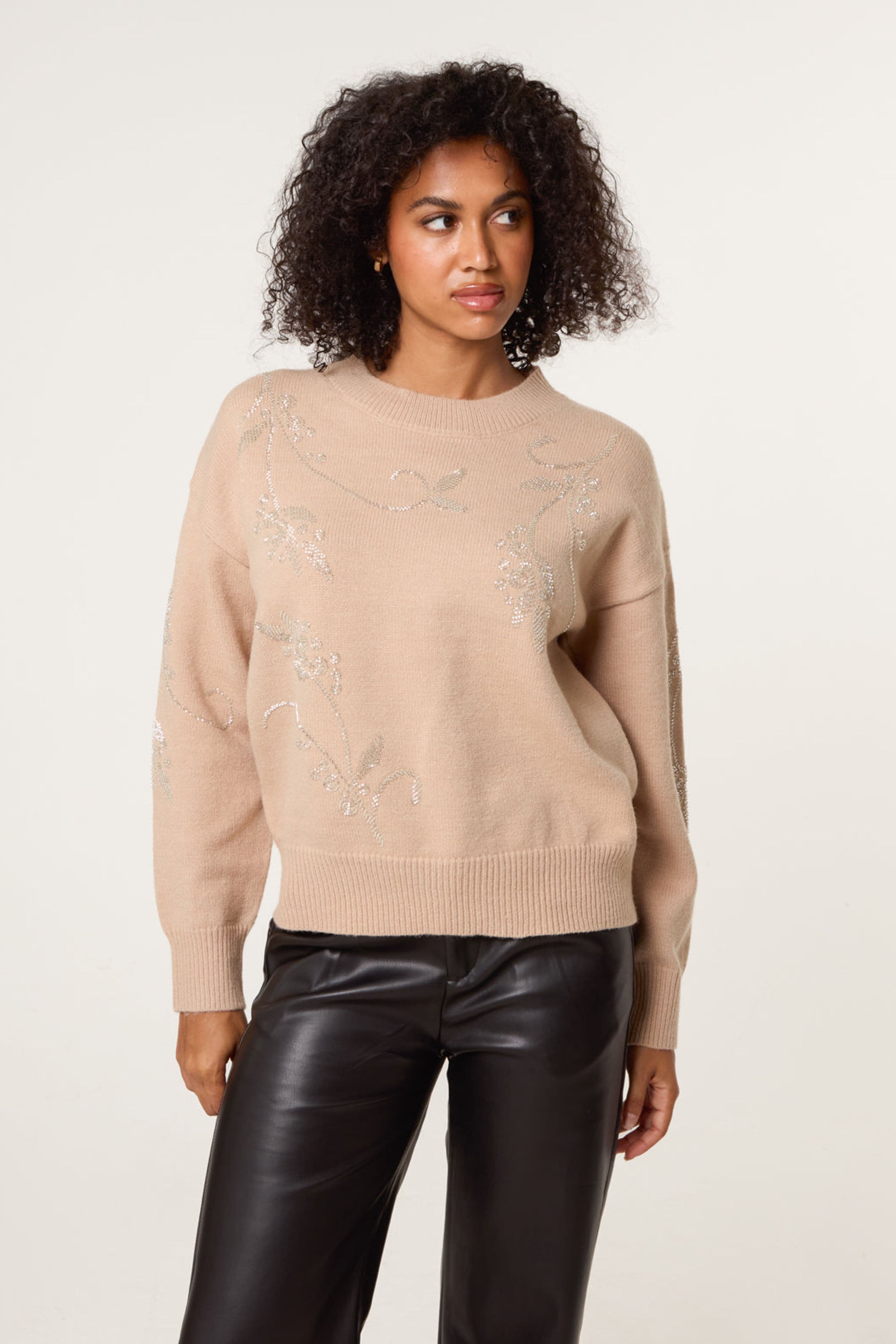 Blue Vanilla Women's Taupe Long Sleeve Slip On Round Neck Jumper