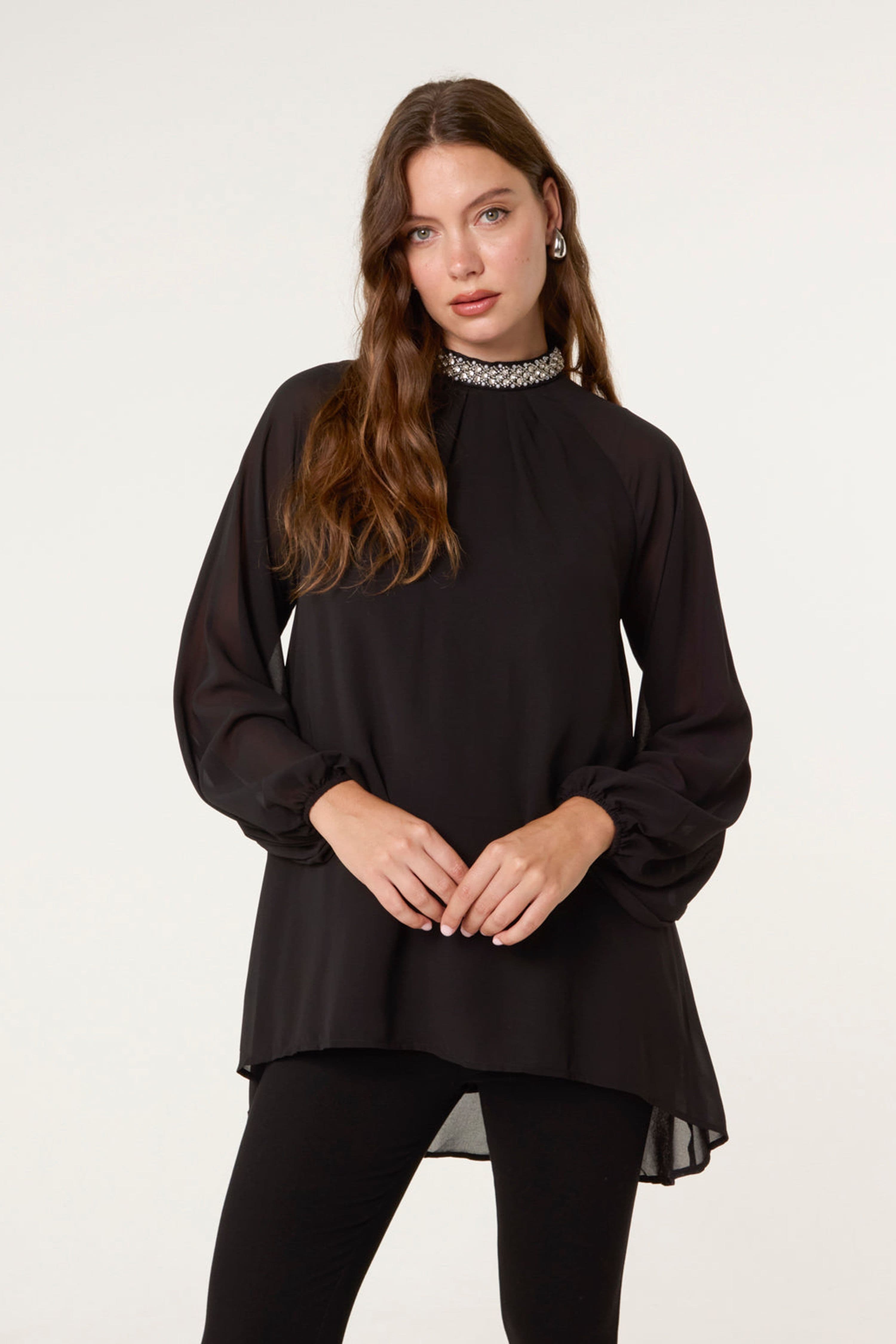 Blue Vanilla Women's Black Long Sleeve Slip On Crew Blouse