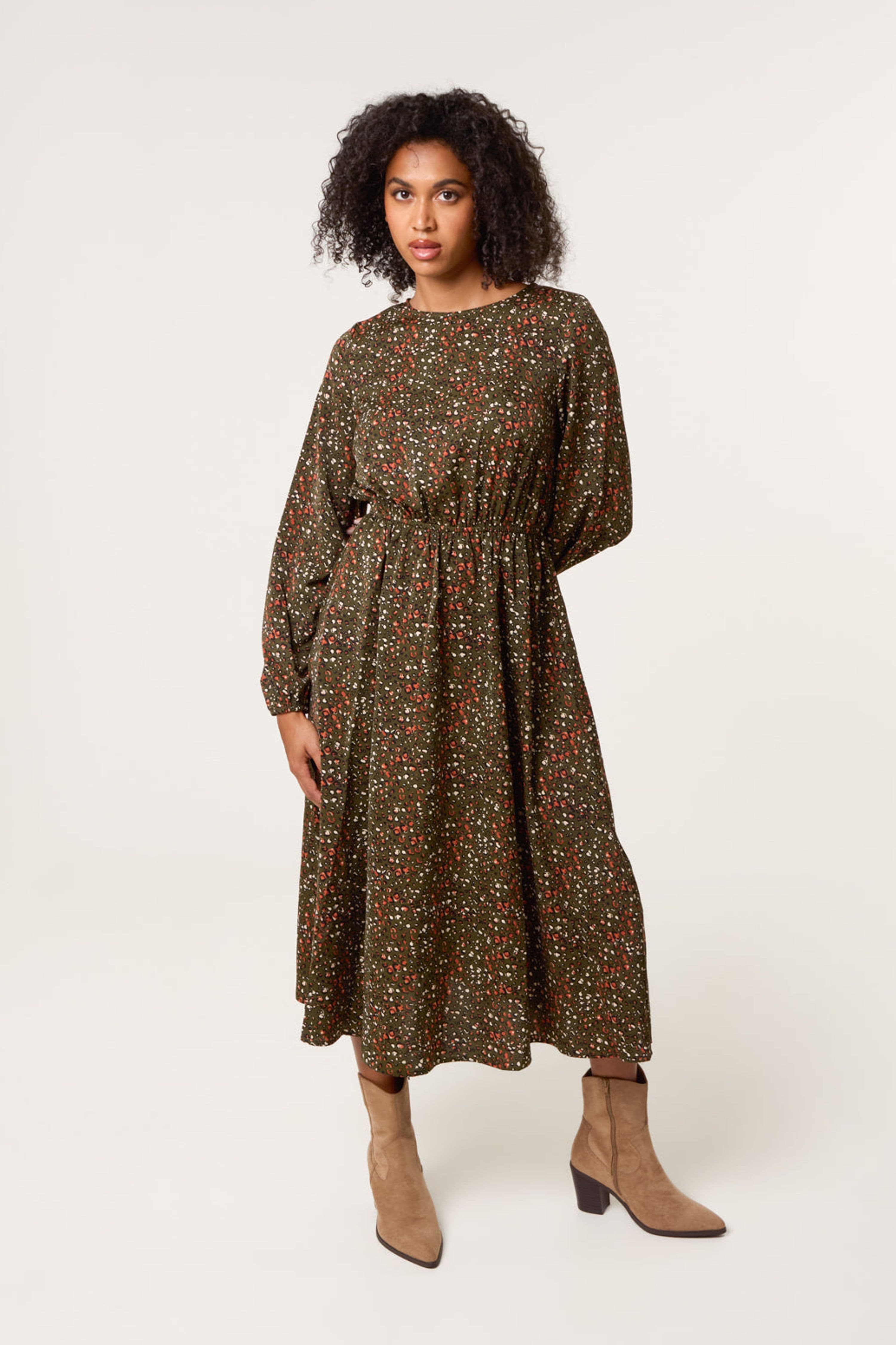 Blue Vanilla Women's Elasticated Waist Khaki Long Sleeve Slip On Round Neck Midi Dress