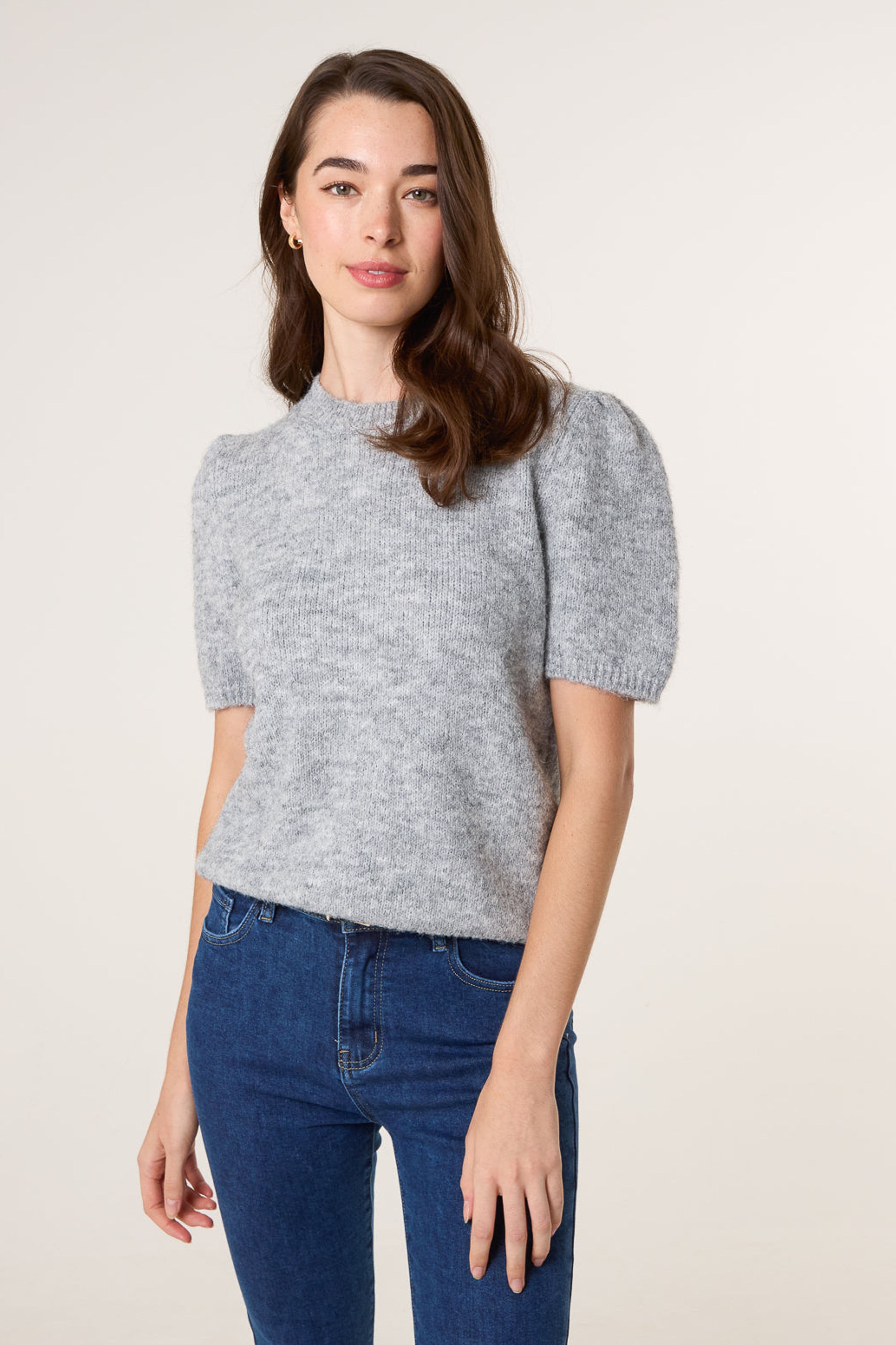 Blue Vanilla Women's Grey Short Sleeve Slip On Round Neck Jumper