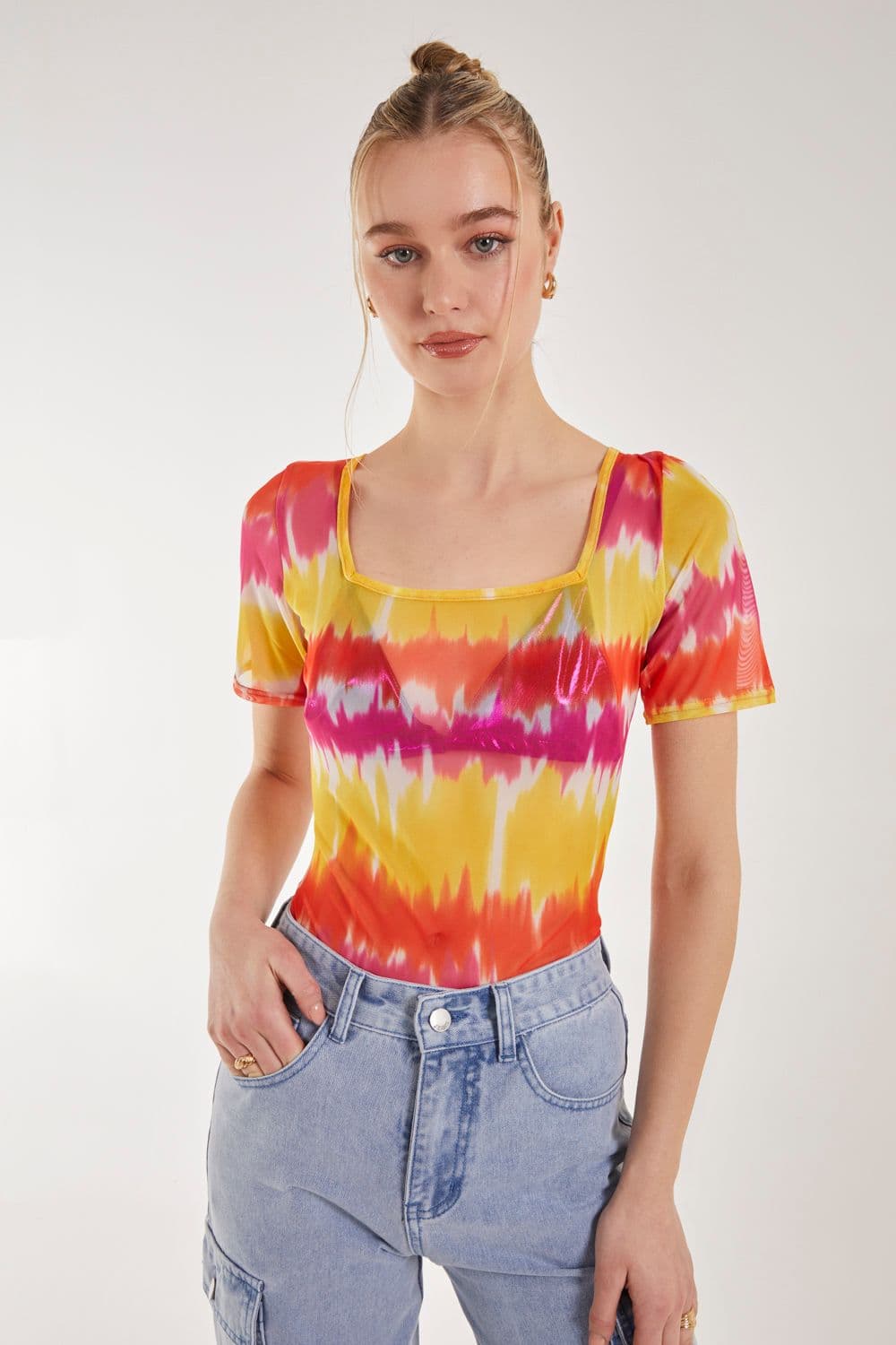Pink Vanilla Women's Tie Dye Mesh Square Neck Bodysuit