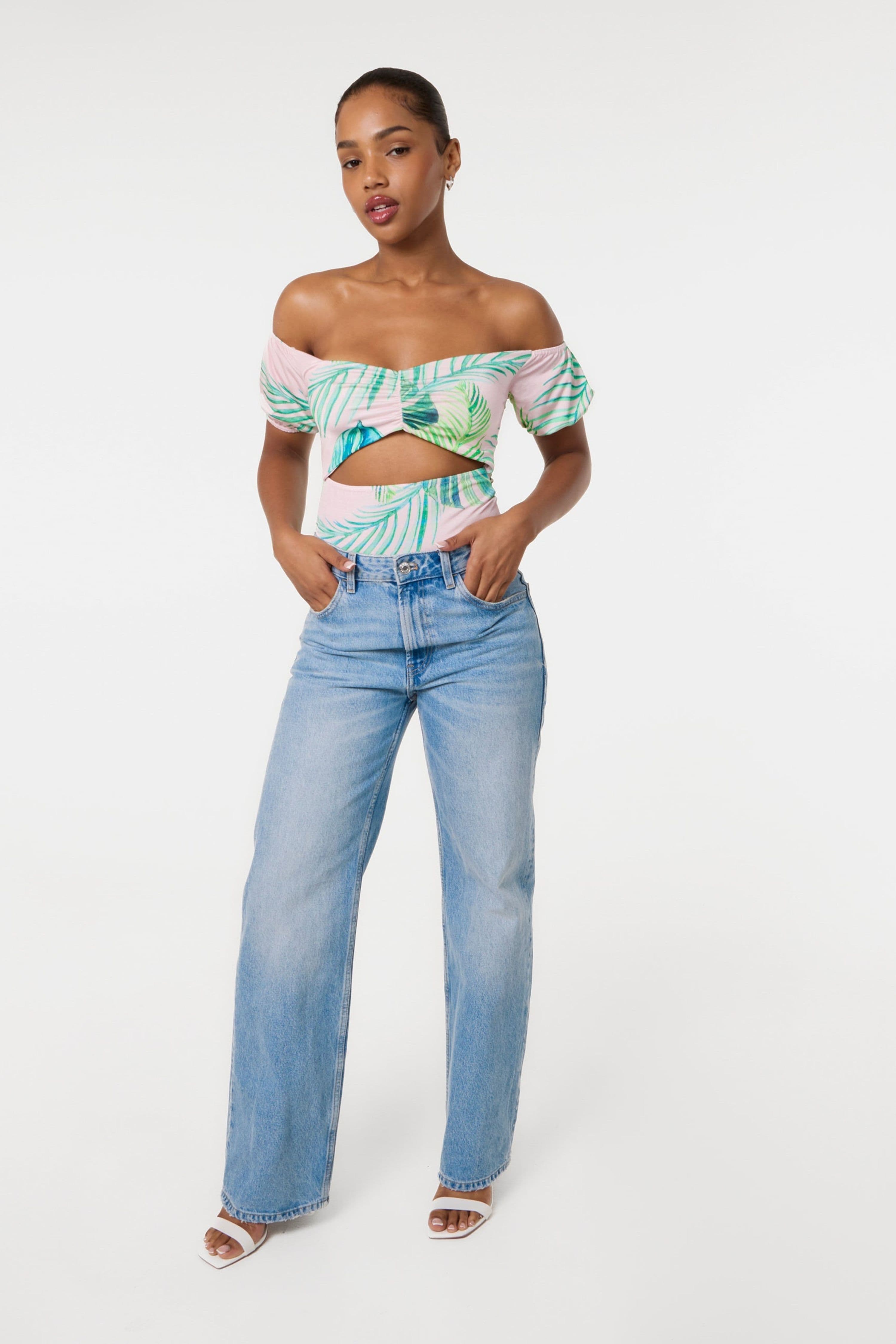 Pink Vanilla Women's Pink Tropical Bardot Cut-Out Bodysuit