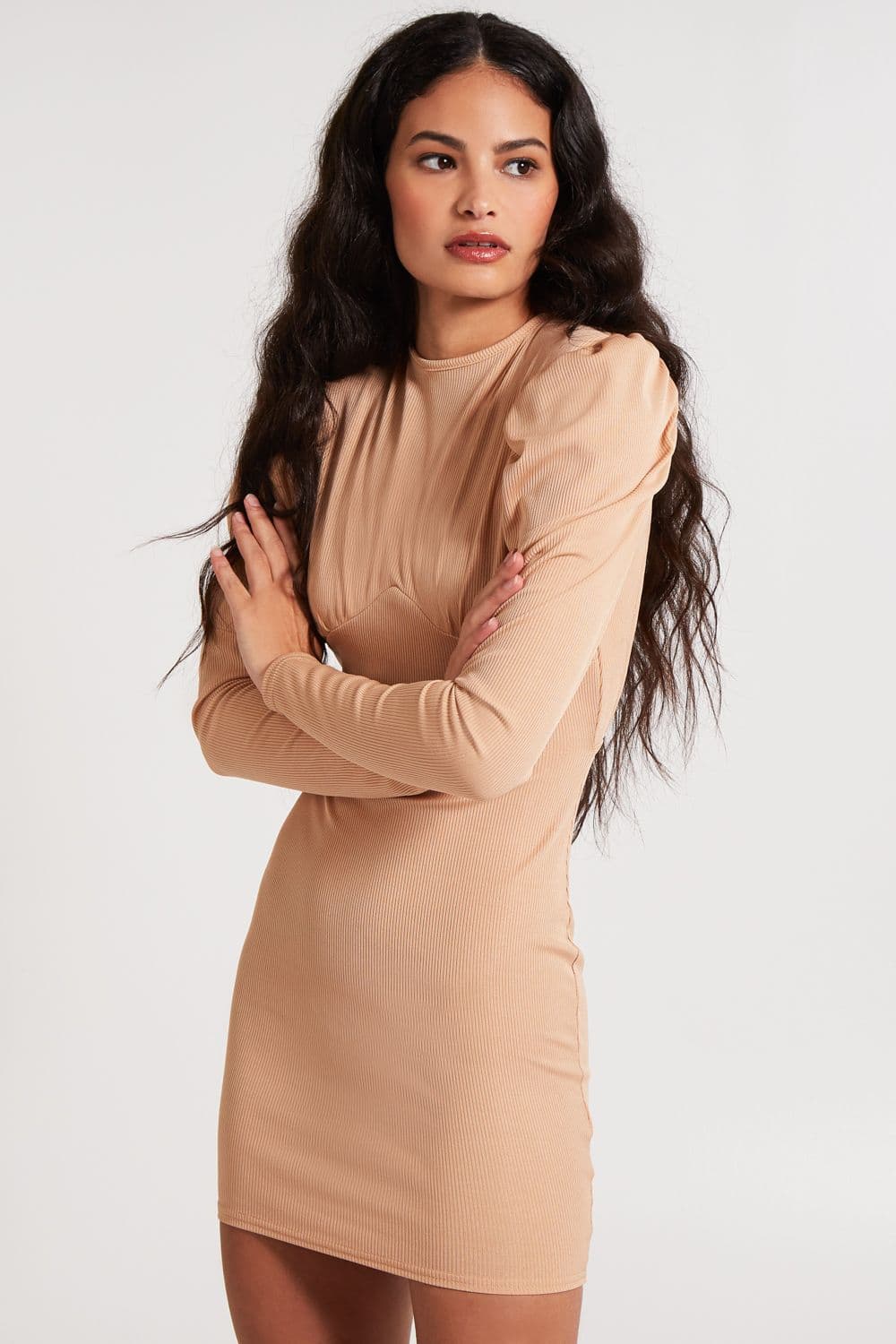 Pink Vanilla Women's Ribbed Open Back Padded Shoulder Dress in Camel