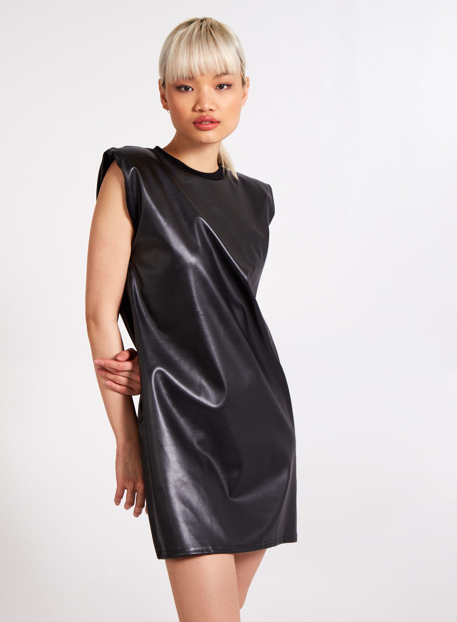 Pink Vanilla Women's Wet Look Vegan Leather Shoulder Pad Dress in Black