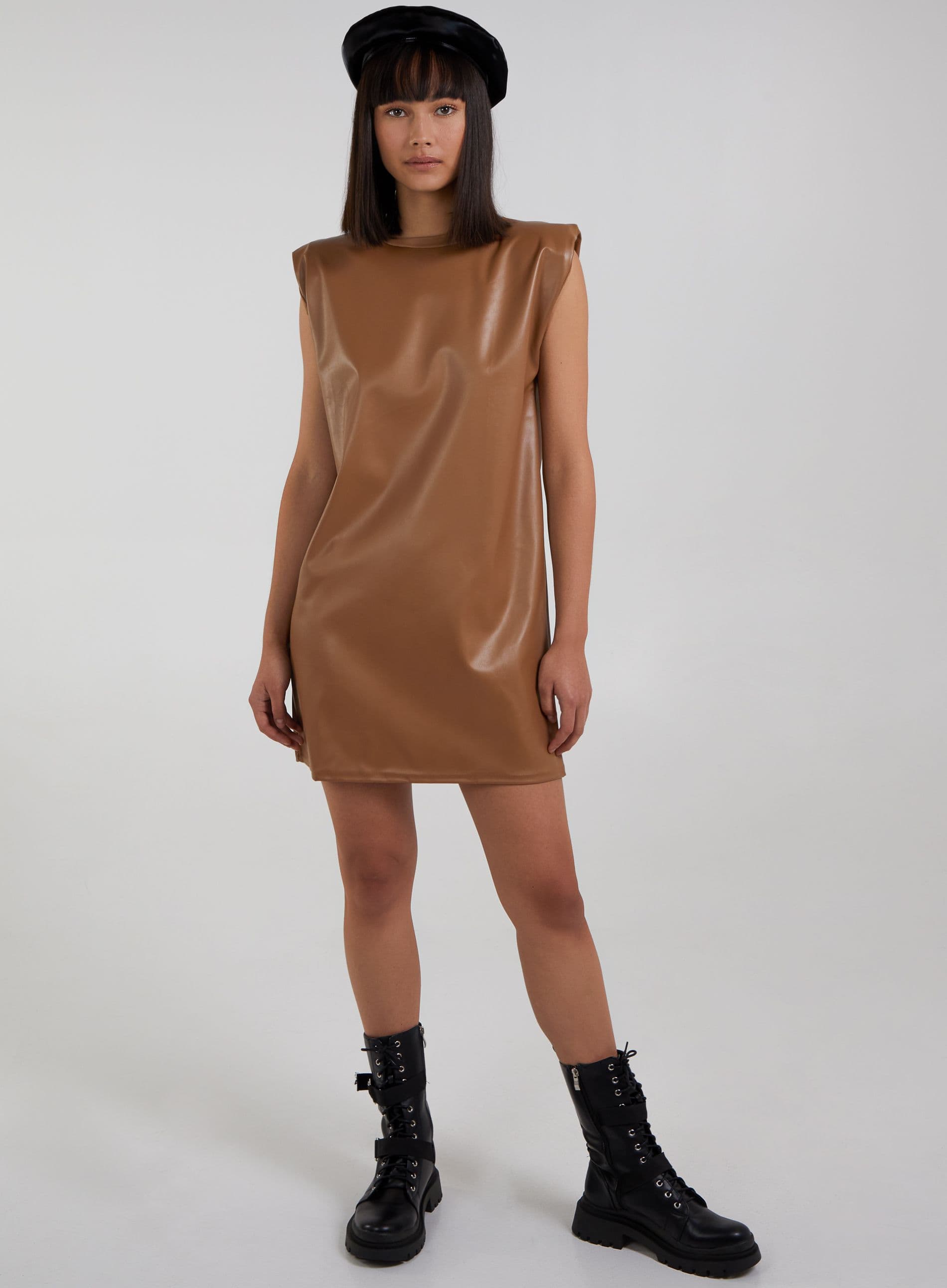 Pink Vanilla Women's Wet Look Vegan Leather Shoulder Pad Dress in Tan