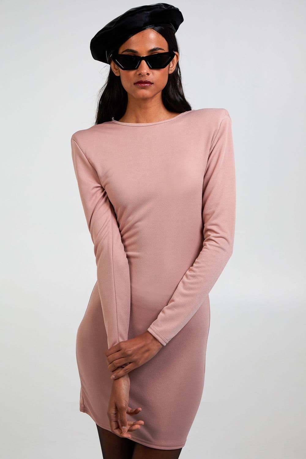 Pink Vanilla Women's Scoop Neck Long Sleeve Shoulder Pad Dress in Pink