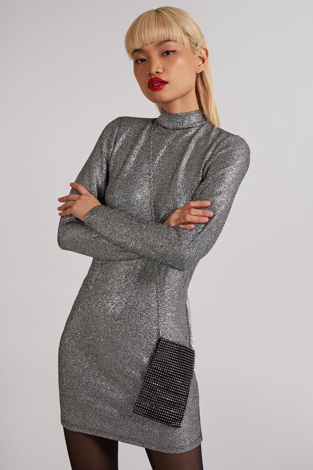 Pink Vanilla Women's Metallic High Tie Neck Open Back Dress in Silver