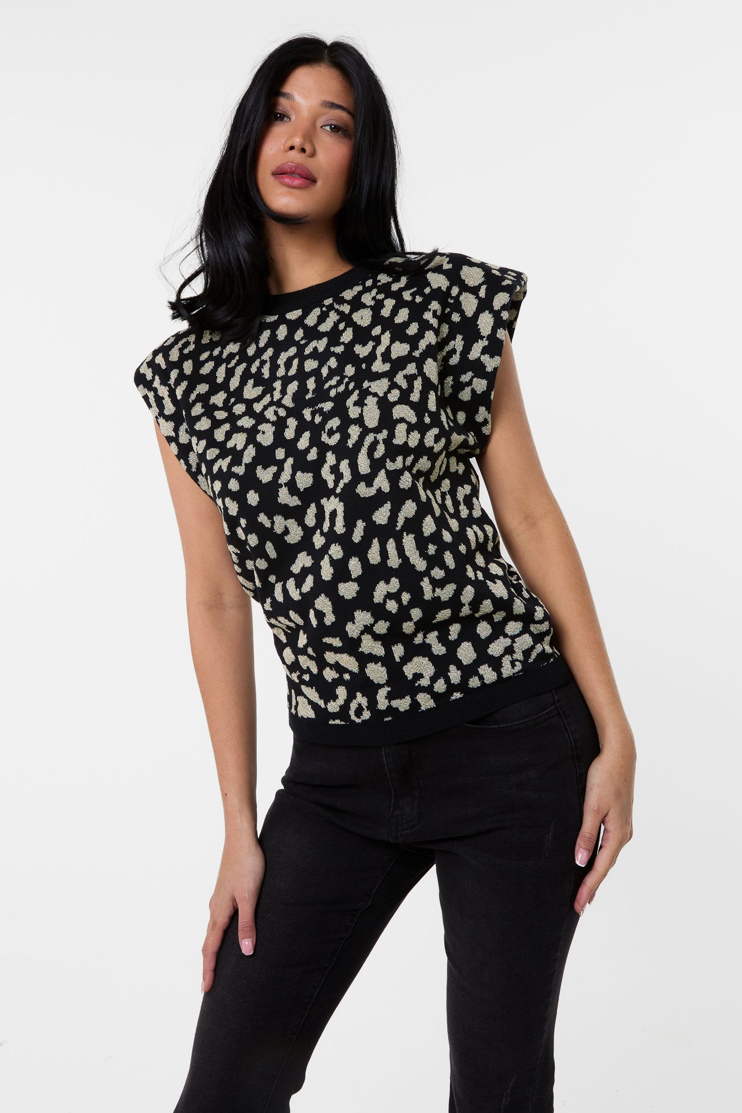 Pink Vanilla Women's Black Leopard Print Shoulder Pad Top